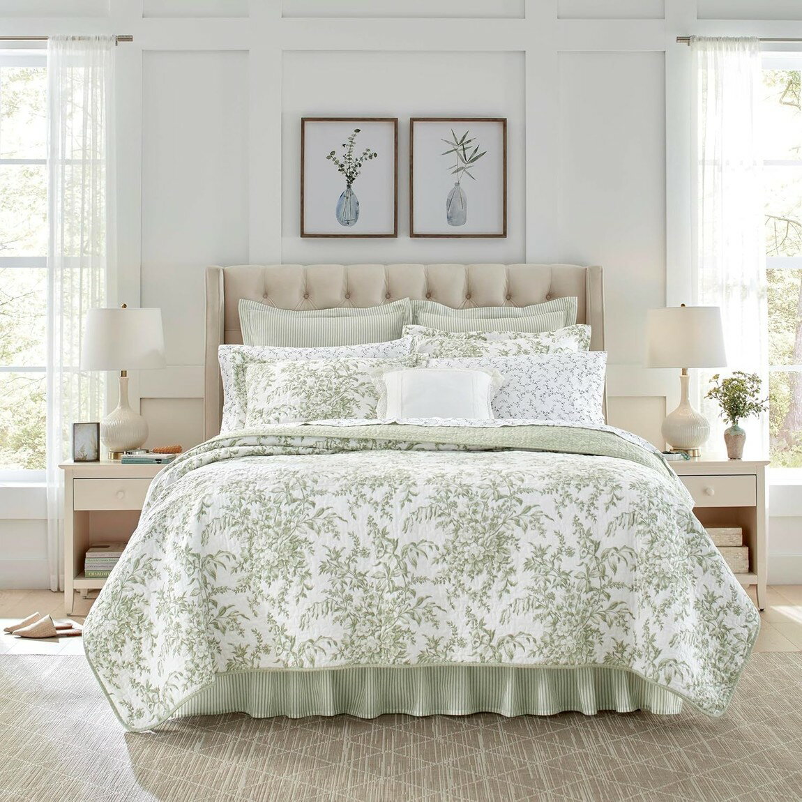 樂天商城 - Laura Ashley キルトセット ベッドカバー 枕カバー付き グリーン ホワイト 花柄 リバーシブル