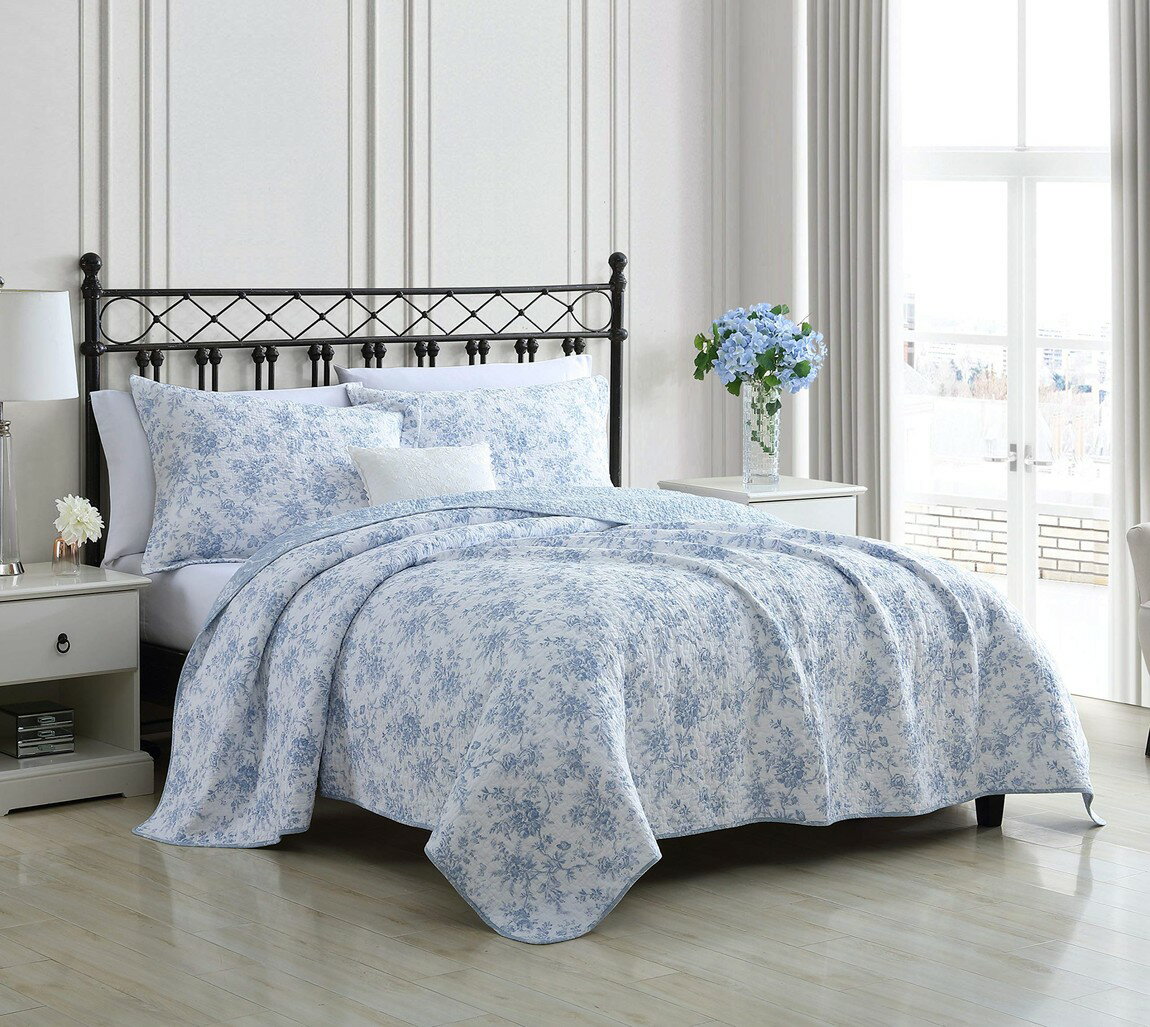 Rakuten - Laura Ashley Home キルトセット Walled Garden Blue 花柄 リバーシブル ベッドカバー ピローケース付き