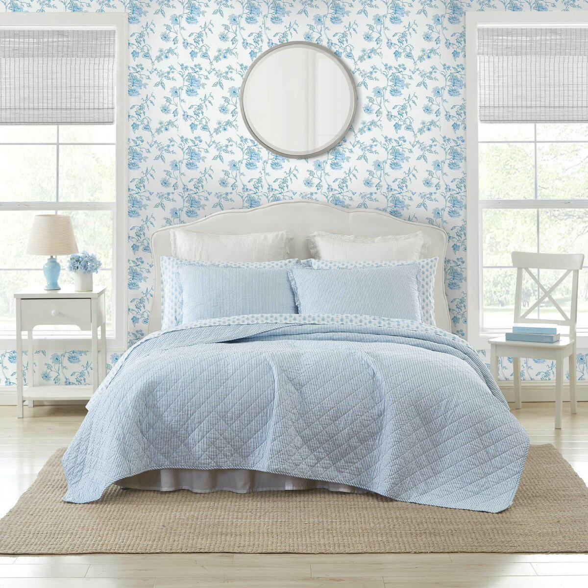 Laura Ashley シングルサイズ キルトセット ベッドスプレッド オックスフォードストライプ ブルー 寝具カバー