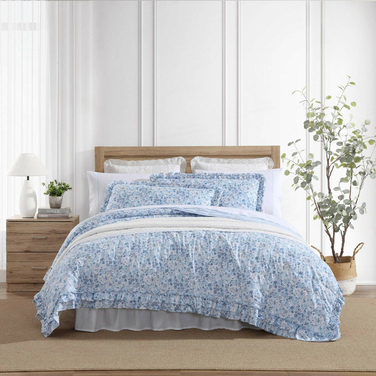 樂天商城 - Laura Ashley キングサイズ キルトセット ブルー フローラル柄 フリル付き ベッドカバー 枕カバー