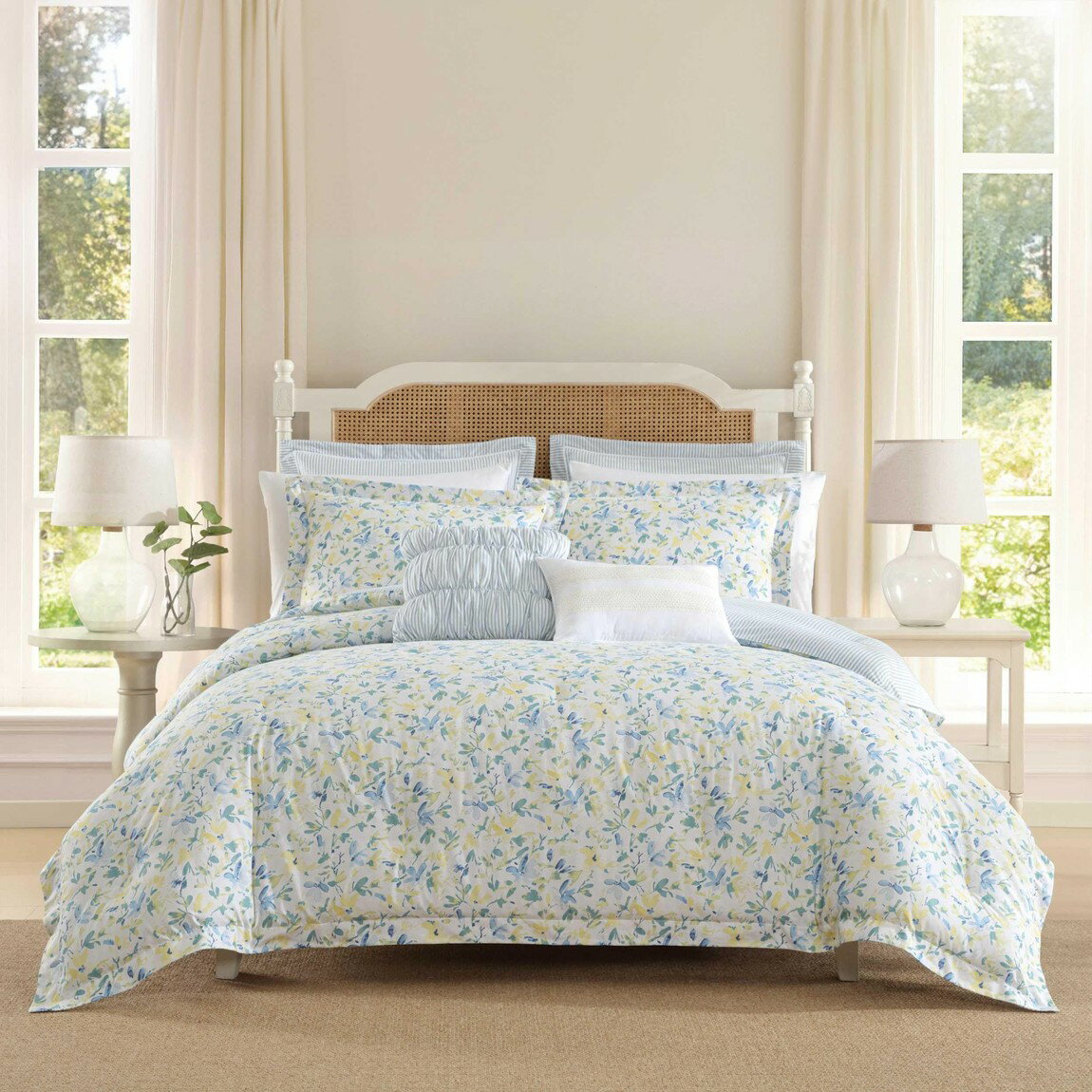 Laura Ashley コンフォーターセット 7点セット 花柄 ブルー コットン寝具 掛布団 枕カバー