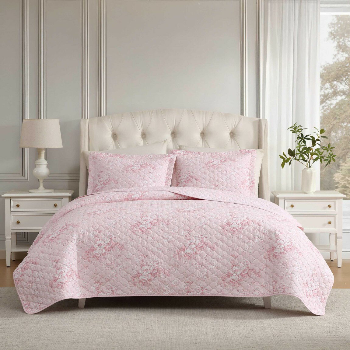 Laura Ashley キルトセット ベッドカバー 3点セット 花柄 ピンク リバーシブル 綿100%