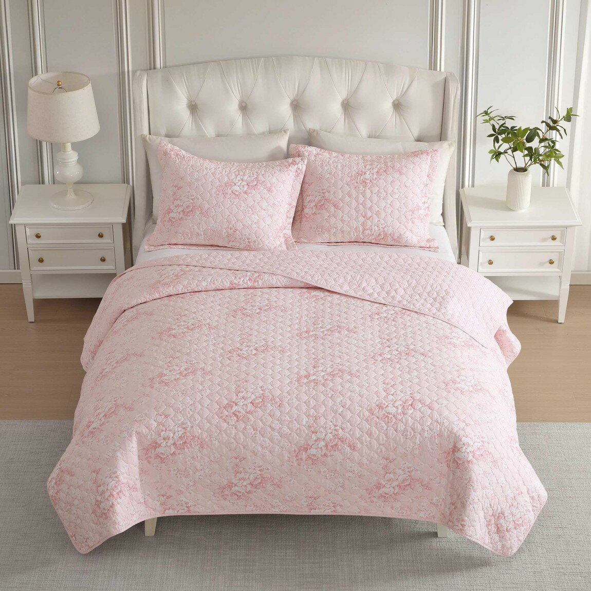 Laura Ashley キルトセット ベッドカバー 3点セット 花柄 ピンク リバーシブル 綿100%