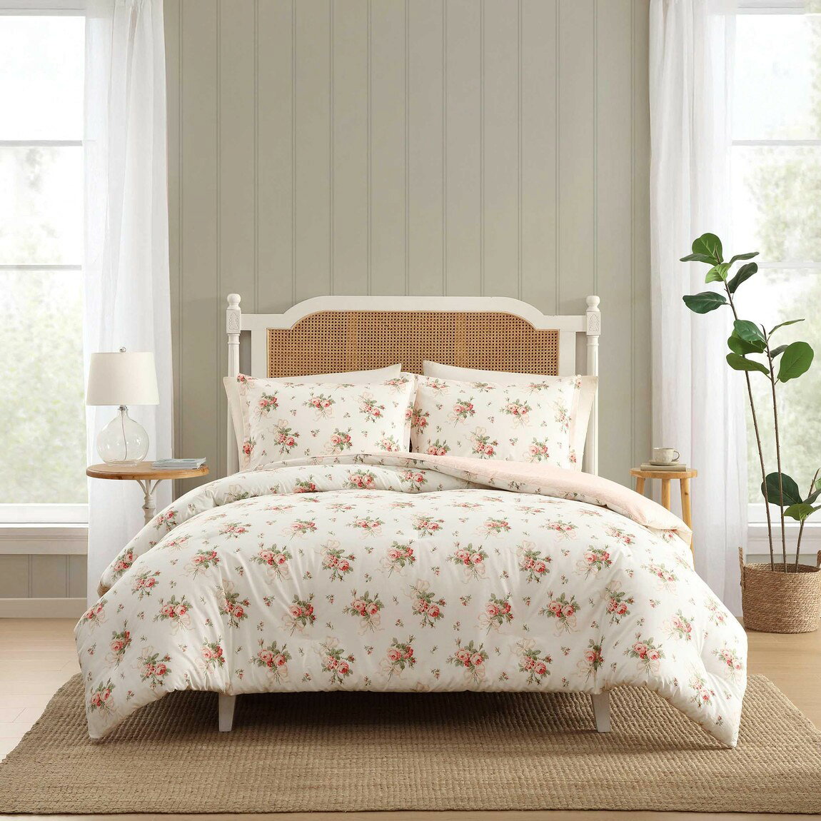 Laura Ashley コンフォーターセット 花柄 リボンブーケ レッド 綿100% 掛け布団 枕カバー