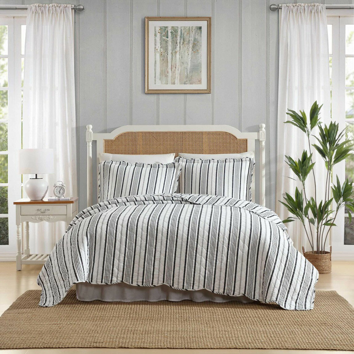 Laura Ashley キルトセット ベッドカバー ピローケース付き グレー ストライプ 綿100%