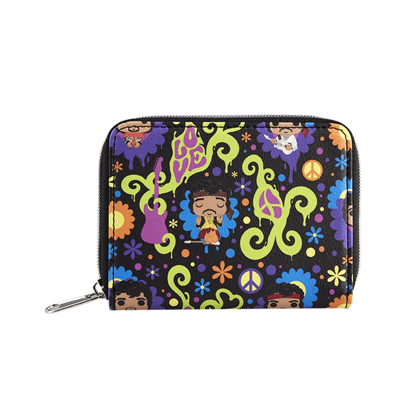 Loungeflyラウンジフライ ファンコ ポップ ジミ・ヘンドリックス ラブ＆フラワーズ 男女兼用 ラウンドファスナー長財布 サイケデリック ヴィーガンレザー キャラクター