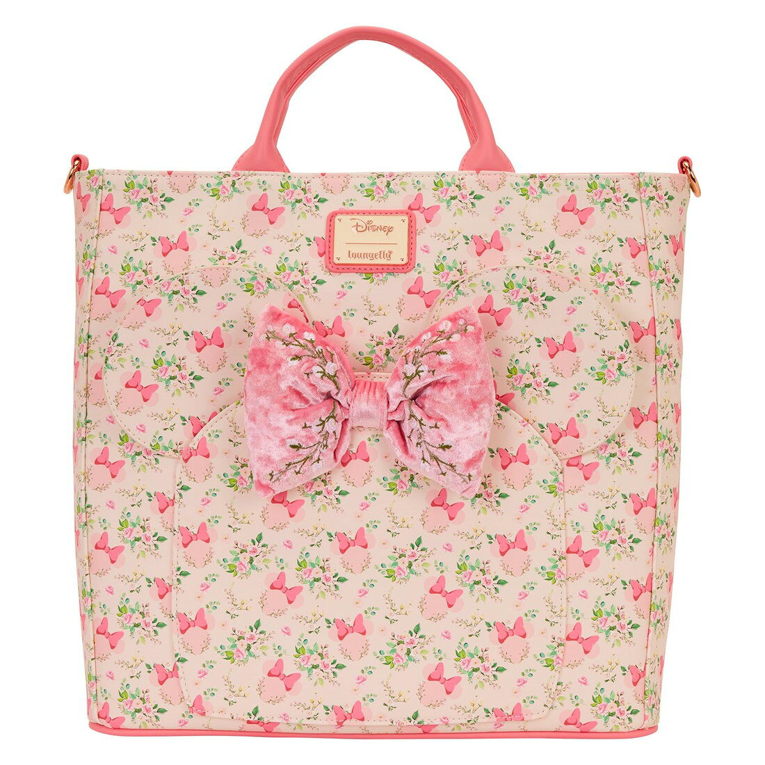 商品説明 ラウンジフライ ディズニー ミニーマウス フローラル レディース 2WAY リュックサック トートバッグ 花柄 ミミ付き ベルベットリボン 合成皮革【商品仕様】素材：ポリウレタンサイズ：約33cm(幅) x 27.9cm(高さ) x 7.6cm(奥行)仕様：バックパックとトートバッグの2WAY切り替え仕様、3Dリボン・アップリケ・刺繍・ベルベット装飾、内生地付きディズニー公式ライセンス商品【特徴】ミニーマウスのシルエットと花柄が全面にプリントされた、華やかで可愛らしい2WAYバッグです。フロントにはミニーの耳のアップリケと、中央にベルベット素材のリボンがあしらわれています。ストラップを調整することで、バックパックとしてもトートバッグとしても使用可能。通勤や通学、お出かけなど、シーンに合わせてスタイルを変えて楽しむことができます。細部までこだわった刺繍や裏地のデザインも魅力のアイテムです。 商品について 本製品は海外からの輸入品です。取扱説明書が付属する場合は英語表記となり、日本語説明書は付属しておりません。 ご注意 商品イメージは極力商品本来の色が出るよう注意していますが、 ご覧になる環境（ディスプレイ機器、画面解像度） などにより、 若干の違いが出ることがあります。在庫管理に関しましては細心の注意を払っておりますが、他サイトとの併売の為、在庫切れの場合がございます。万が一売り切れの場合はメールご連絡させていただきます。 納期について お届けの目安を必ずご確認ください。