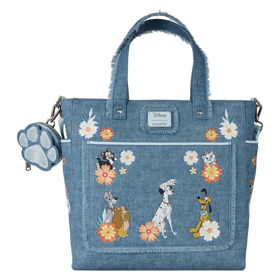 Loungeflyラウンジフライ ディズニー 犬 猫 デニム 2WAY トートバッグ バックパック レディース 刺繍 花柄 コインケース付き ショルダーバッグ