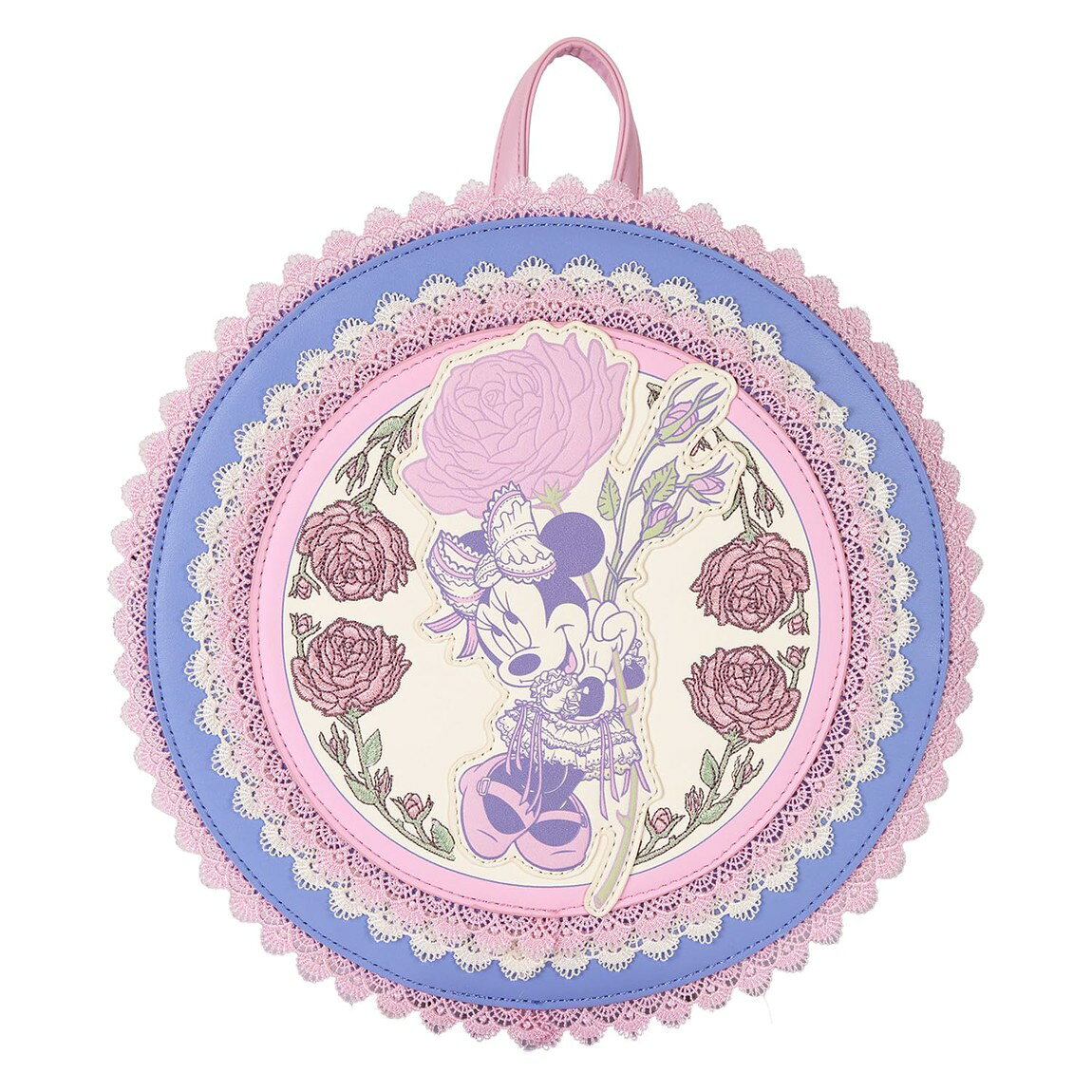 PRODUCT DETAILS ラウンジフライ ディズニー ミニーマウス フローラル レース ミニバックパック リュック サークル型 ピンク【商品仕様】・ アイテム種別：ミニバックパック（リュック）・ 素材：フェイクレザー（ポリウレタン）・ サイズ：幅約22.9cm × 高さ約22.9cm × 奥行き約8.3cm・ 金具：シルバーカラー・ ストラップ：長さ調節可能、パッド入り（ポルカドット・レース装飾）・ ライセンス：Disney（ディズニー）公式商品【特徴】・ 正面にミニーマウスのアップリケと、刺繍によるバラのデザインを配置しています。・ ピンクとホワイトのヴィンテージレースを同心円状に重ねたサークル型のバックパックです。・ アップリケ、刺繍、プリント、レースの複数の装飾技法を組み合わせています。・ 内側にはキャラクターに合わせたコーディネートデザインの裏地が採用されています。・ 上部に持ち運び用の頑丈なハンドルが付属しています。 ■ 商品について 海外輸入品（説明書は英語表記の場合あり） ■ ご注意 ・掲載画像は実物に近い色味になるよう調整しておりますが、ご利用の環境により差異が生じる場合があります。・複数店舗で在庫を共有しているため、ご注文後に在庫切れとなる場合がございます。 ■ 納期について お届けの目安を必ずご確認ください。 海外正規ルート仕入れ品 海外ブランド ▼ 海外正規ブランド店 正規代理店 ▼ 当 店 ※本商品は並行輸入品です 製造元は正規品と同一のブランド・メーカーです。当店では海外正規ルートより仕入れた商品を取り扱っております。流通ルートが異なるのみで、商品自体に違いはございません。 ── 当店の商品について ── 正規品のみ取り扱い 海外正規店・正規代理店から商品を直接仕入れ、国内に輸入して販売しております。 日本未入荷・海外限定モデルも多数 日本未入荷・海外限定モデルも多数取り扱っております。サイズ・カラー違いや海外限定で販売された製品など、日本では手に入りにくいアイテムをお届けいたします。 お求めやすい価格の理由 海外市場での価格差や流通ルートの違いにより、国内販売価格よりお求めやすくなっております。品質はそのままに、よりお手頃な価格でお届けいたします。 安心保証 ご使用前に万が一、製品に不具合がございました場合は、交換または商品代金のご返金にて対応させていただきます。商品到着後5日以内にご連絡ください。 ご注意 海外からの輸入品となります。海外輸送のため、外箱に軽微なスレ等がある場合がございますが、商品本体には影響ございません。 ※在庫状況は仕入先の在庫情報をもとに出来る限り正確に表示しておりますが、取寄せ商品のため、タイミングによりご注文後に欠品・キャンセルとなる場合がございます。 お探しの商品がございましたら、お気軽にご相談ください。