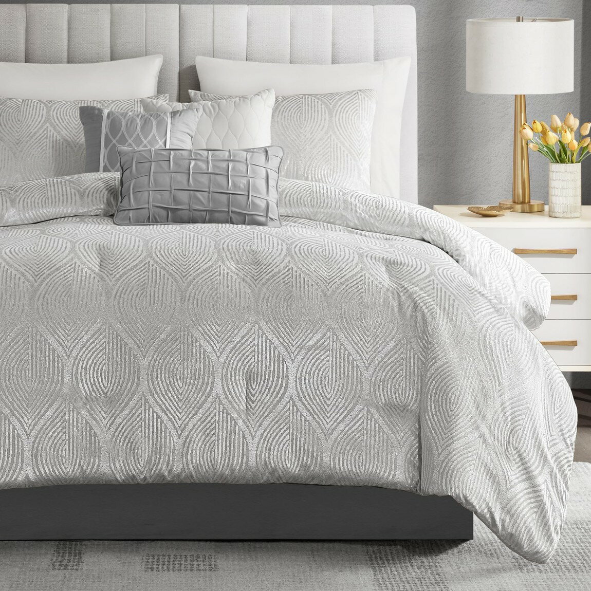 Rakuten - マディソンパーク Madison Park ベルベット コンフォーター 7点セット グレー 寝具セット 掛け布団 枕カバー ベッドスカート 布団カバー おしゃれ 洗える