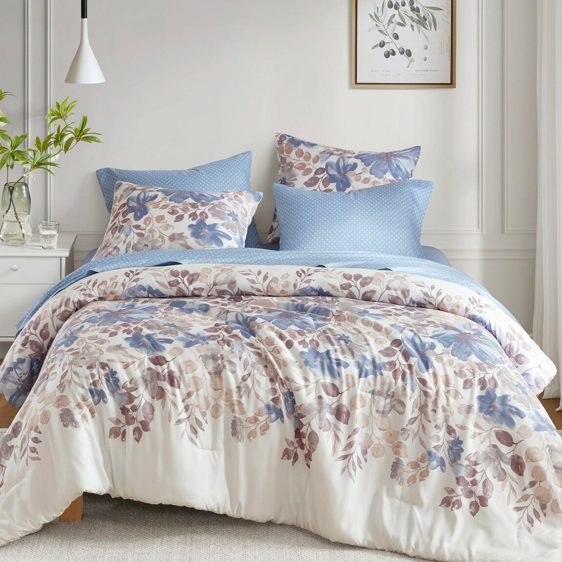 樂天商城 - Madison Park Essentials コンフォーター 7点セット ルナ ブルー 寝具 布団セット 掛け布団 枕カバー シーツ 花柄 マイクロファイバー オールシーズン シャビーシック