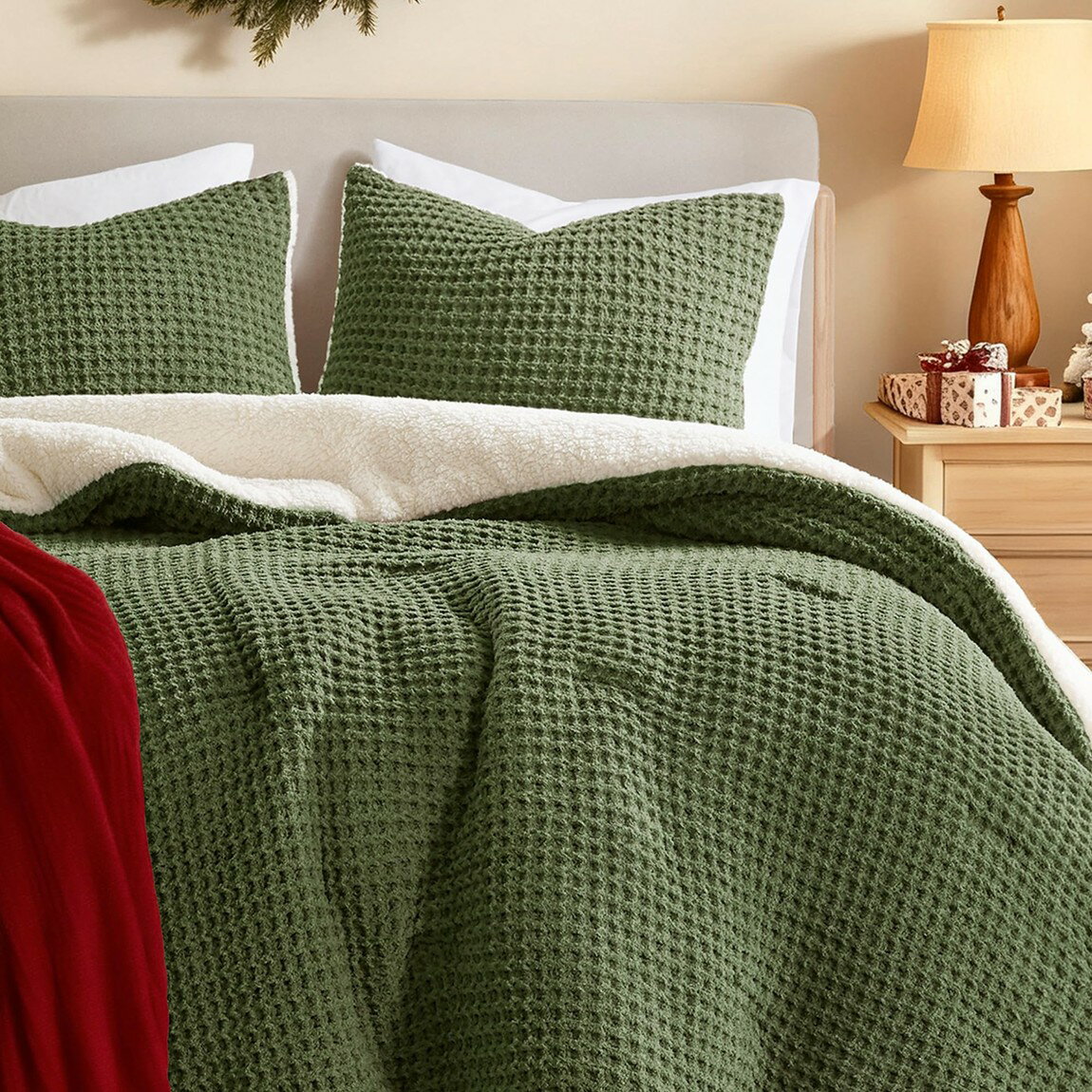 Rakuten - Madison Park マディソンパーク ワッフルニット コンフォーター 3点セット オリーブ 寝具 掛け布団 枕カバー 毛布 あったか 冬用 おしゃれ 洗える シェルパ素材