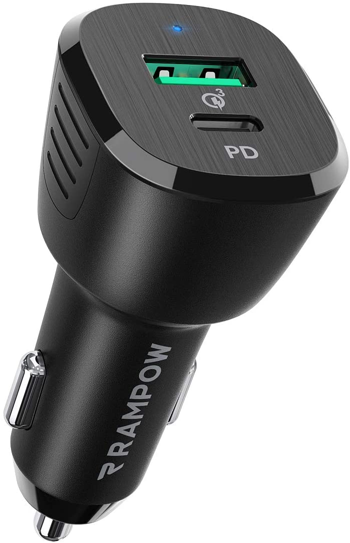 Rampow USB-C USB カーチャージャー PD 3.0 PowerDelivery QC 3.0急速充電/2ポート iPhone/iPad/Galaxy/Xperia Android対応