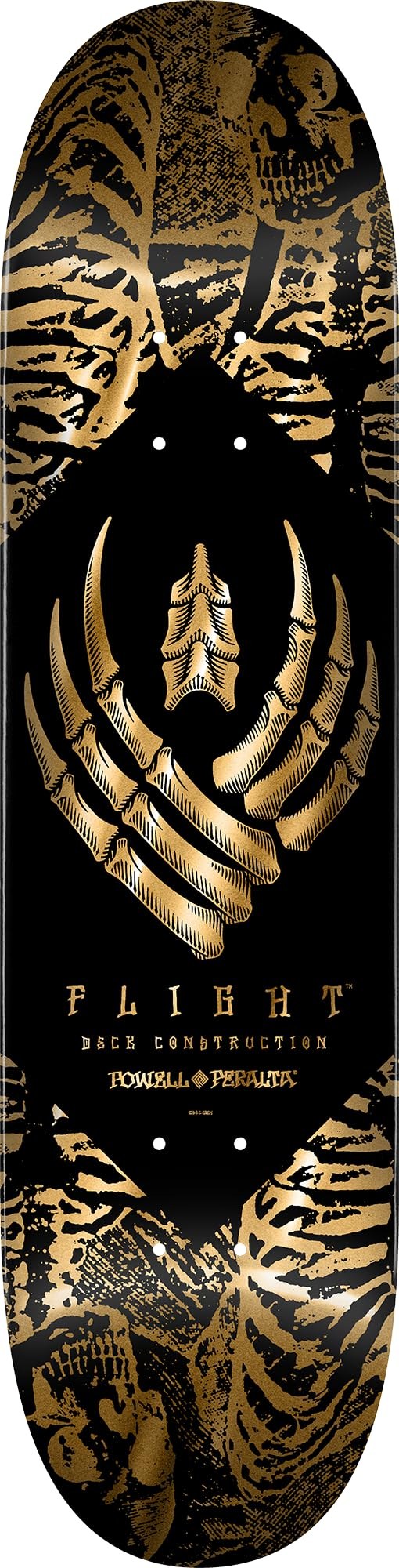 PRODUCT DETAILS Powell Peralta Skeleton Flight スケートボード デッキ Gold Foil 8.63インチ【商品仕様】・ 種別：スケートボード用デッキ・ デッキ幅：8.63インチ（約21.92cm）・ デッキ長さ：32.2インチ（約81.79cm）・ ホイールベース：14.38インチ（約36.53cm）・ 素材：USハードロックメイプル、ファイバーグラス、エポキシ樹脂・ 形状：Shape 244W / Concave K26・ 備考：デッキのみの販売です。グリップテープは付属しません。【特徴】・ Powell Peralta独自のFLIGHT構造により、一般的な7プライのウッドデッキよりも薄く、非常に高い強度を備えています。・ 高強度ファイバーグラスとエポキシ樹脂をAirLam製法で積層しており、弾きの良さが長く持続するのが特徴です。・ グラフィックには光沢のあるゴールドフォイル加工が施されています。・ アメリカ国内の工場にて製造されている信頼性の高いモデルです。【ご注意】・ 海外並行輸入品のため、付属の説明書がある場合は英語表記となります。 ■ 商品について 海外輸入品（説明書は英語表記の場合あり） ■ ご注意 ・掲載画像は実物に近い色味になるよう調整しておりますが、ご利用の環境により差異が生じる場合があります。・複数店舗で在庫を共有しているため、ご注文後に在庫切れとなる場合がございます。 ■ 納期について お届けの目安を必ずご確認ください。 海外正規ルート仕入れ品 海外ブランド ▼ 海外正規ブランド店 正規代理店 ▼ 当 店 ※本商品は並行輸入品です 製造元は正規品と同一のブランド・メーカーです。当店では海外正規ルートより仕入れた商品を取り扱っております。流通ルートが異なるのみで、商品自体に違いはございません。 ── 当店の商品について ── 正規品のみ取り扱い 海外正規店・正規代理店から商品を直接仕入れ、国内に輸入して販売しております。 日本未入荷・海外限定モデルも多数 日本未入荷・海外限定モデルも多数取り扱っております。サイズ・カラー違いや海外限定で販売された製品など、日本では手に入りにくいアイテムをお届けいたします。 お求めやすい価格の理由 海外市場での価格差や流通ルートの違いにより、国内販売価格よりお求めやすくなっております。品質はそのままに、よりお手頃な価格でお届けいたします。 安心保証 ご使用前に万が一、製品に不具合がございました場合は、交換または商品代金のご返金にて対応させていただきます。商品到着後5日以内にご連絡ください。 ご注意 海外からの輸入品となります。海外輸送のため、外箱に軽微なスレ等がある場合がございますが、商品本体には影響ございません。 ※在庫状況は仕入先の在庫情報をもとに出来る限り正確に表示しておりますが、取寄せ商品のため、タイミングによりご注文後に欠品・キャンセルとなる場合がございます。 お探しの商品がございましたら、お気軽にご相談ください。