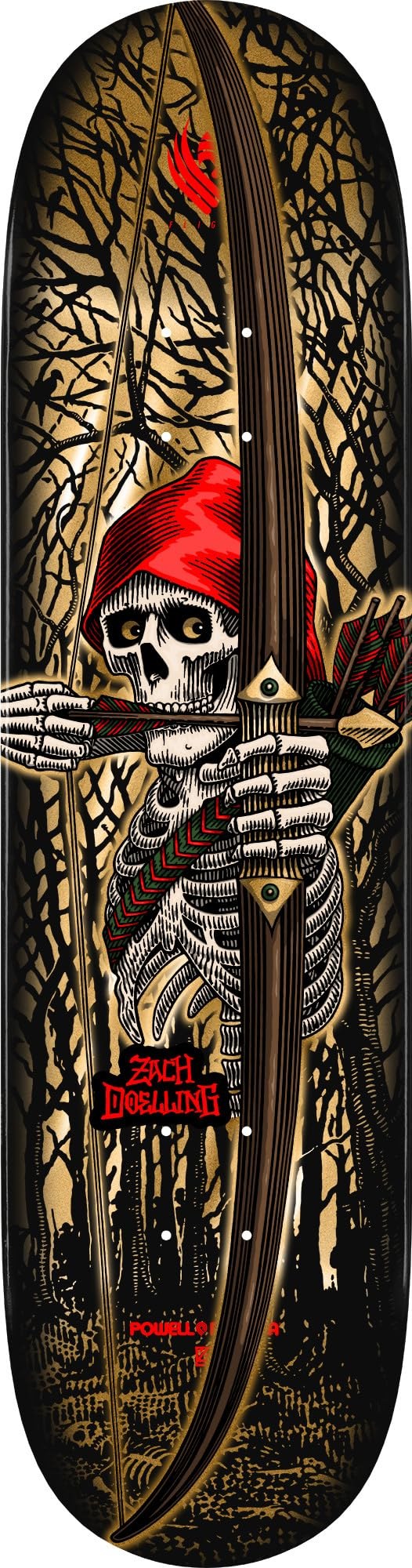 PRODUCT DETAILS Powell Peralta Zach Doelling Archer Flight スケートボード デッキ 8.30インチ Gold Foil【商品仕様】・ 種別：スケートボード デッキ・ デッキ幅：8.30インチ（約21.08cm）・ デッキ長さ：31.61インチ（約80.29cm）・ ホイールベース：14.0インチ（約35.56cm）・ ノーズ/テール：各6.71インチ（約17.04cm）・ 素材：USハードロックメイプル、高強度ファイバーグラス、エポキシ樹脂・ 形状：Shape 311 / Concave K26・ 備考：デッキのみ（グリップテープ別売）【特徴】・ Zach Doelling（ザック・ドーリング）プロモデルのグラフィックにゴールドフォイル加工を採用。・ 独自のFLIGHTデッキ構造により、通常の7枚合板デッキよりも薄く、高い強度を実現。・ 長期間使用してもポップ（デッキの跳ね）が持続するように設計されています。・ アメリカ国内の自社工場にて、エポキシ樹脂を用いたAirLamプロセスで圧着製造。・ ストリートからパークまで、ハードなライディングに対応する耐久性を備えています。【ご注意】・ 海外並行輸入品のため、付属の説明書がある場合は英語表記となります。 ■ 商品について 海外輸入品（説明書は英語表記の場合あり） ■ ご注意 ・掲載画像は実物に近い色味になるよう調整しておりますが、ご利用の環境により差異が生じる場合があります。・複数店舗で在庫を共有しているため、ご注文後に在庫切れとなる場合がございます。 ■ 納期について お届けの目安を必ずご確認ください。 海外正規ルート仕入れ品 海外ブランド ▼ 海外正規ブランド店 正規代理店 ▼ 当 店 ※本商品は並行輸入品です 製造元は正規品と同一のブランド・メーカーです。当店では海外正規ルートより仕入れた商品を取り扱っております。流通ルートが異なるのみで、商品自体に違いはございません。 ── 当店の商品について ── 正規品のみ取り扱い 海外正規店・正規代理店から商品を直接仕入れ、国内に輸入して販売しております。 日本未入荷・海外限定モデルも多数 日本未入荷・海外限定モデルも多数取り扱っております。サイズ・カラー違いや海外限定で販売された製品など、日本では手に入りにくいアイテムをお届けいたします。 お求めやすい価格の理由 海外市場での価格差や流通ルートの違いにより、国内販売価格よりお求めやすくなっております。品質はそのままに、よりお手頃な価格でお届けいたします。 安心保証 ご使用前に万が一、製品に不具合がございました場合は、交換または商品代金のご返金にて対応させていただきます。商品到着後5日以内にご連絡ください。 ご注意 海外からの輸入品となります。海外輸送のため、外箱に軽微なスレ等がある場合がございますが、商品本体には影響ございません。 ※在庫状況は仕入先の在庫情報をもとに出来る限り正確に表示しておりますが、取寄せ商品のため、タイミングによりご注文後に欠品・キャンセルとなる場合がございます。 お探しの商品がございましたら、お気軽にご相談ください。
