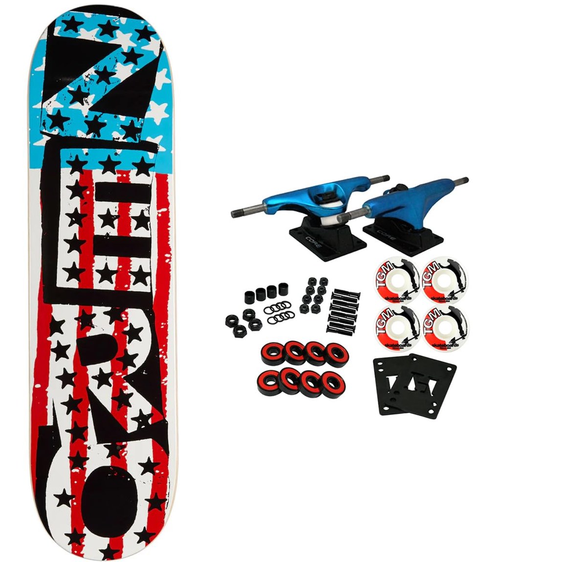 PRODUCT DETAILS Zero American Punk スケートボード コンプリート 8.5" x 32.3" 組立セット【商品仕様】・ 種別：スケートボード コンプリート（未組立）・ デッキサイズ：8.5" x 32.3"（約21.59cm x 82.04cm）・ ホイールベース：14.5"（約36.83cm）・ デッキ素材：7層北米メイプル・ トラック：Core製 軽量アルミトラック（Grade 8スチールキングピン、米国製ブッシュ）・ ウィール：52mm 99A TGMロゴウィール・ ベアリング：Amp Abec 5・ セット内容：デッキ、トラック、ウィール、ベアリング、グリップテープ、ライザー、ハードウェア【特徴】・ 7層の北米産メイプルを採用したデッキに、耐久性と軽量性を兼ね備えたCoreトラックを組み合わせたセットです。・ デッキ幅は8.5インチと安定感があり、初心者からプロレベルまで幅広いスキルの方に対応します。・ 52mm/99Aのウィールは、ストリートからパークライディングまで様々な環境での使用に適しています。・ ベアリングは合成オイル、デルリン・クラウン、ラバーシールドを採用したメンテナンス可能な仕様です。・ カスタマイズの楽しみを味わえる未組立の状態でのお届けとなります。【ご注意】・ 海外並行輸入品のため、付属の説明書がある場合は英語表記となります。 ■ 商品について 海外輸入品（説明書は英語表記の場合あり） ■ ご注意 ・掲載画像は実物に近い色味になるよう調整しておりますが、ご利用の環境により差異が生じる場合があります。・複数店舗で在庫を共有しているため、ご注文後に在庫切れとなる場合がございます。 ■ 納期について お届けの目安を必ずご確認ください。 海外正規ルート仕入れ品 海外ブランド ▼ 海外正規ブランド店 正規代理店 ▼ 当 店 ※本商品は並行輸入品です 製造元は正規品と同一のブランド・メーカーです。当店では海外正規ルートより仕入れた商品を取り扱っております。流通ルートが異なるのみで、商品自体に違いはございません。 ── 当店の商品について ── 正規品のみ取り扱い 海外正規店・正規代理店から商品を直接仕入れ、国内に輸入して販売しております。 日本未入荷・海外限定モデルも多数 日本未入荷・海外限定モデルも多数取り扱っております。サイズ・カラー違いや海外限定で販売された製品など、日本では手に入りにくいアイテムをお届けいたします。 お求めやすい価格の理由 海外市場での価格差や流通ルートの違いにより、国内販売価格よりお求めやすくなっております。品質はそのままに、よりお手頃な価格でお届けいたします。 安心保証 ご使用前に万が一、製品に不具合がございました場合は、交換または商品代金のご返金にて対応させていただきます。商品到着後5日以内にご連絡ください。 ご注意 海外からの輸入品となります。海外輸送のため、外箱に軽微なスレ等がある場合がございますが、商品本体には影響ございません。 ※在庫状況は仕入先の在庫情報をもとに出来る限り正確に表示しておりますが、取寄せ商品のため、タイミングによりご注文後に欠品・キャンセルとなる場合がございます。 お探しの商品がございましたら、お気軽にご相談ください。