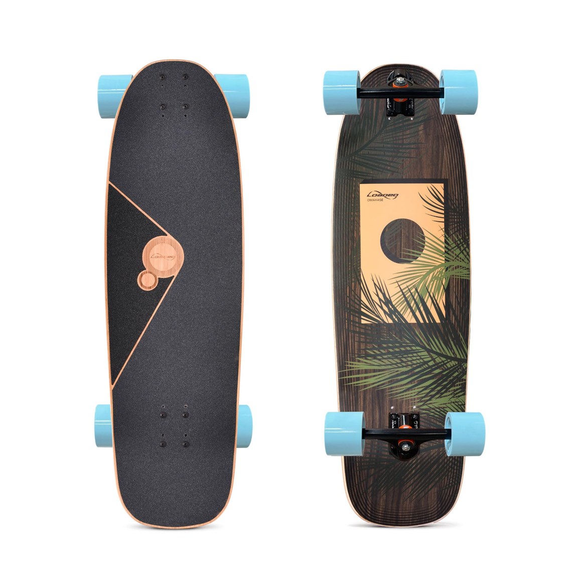 PRODUCT DETAILS Loaded Boards Omakase Palm ロングボード コンプリート スケートボード 10インチ【商品仕様】・ 種別：ロングボード（コンプリート/完成品）・ デッキ幅：10インチ（約25.4cm）・ デッキ長さ：33.5インチ（約85.1cm）・ ホイールベース：20.75-22インチ（約52.7-55.9cm）・ 素材：3層バンブー、ファイバーグラス、エポキシ、ブラックウォルナット・ベニヤ・ トラック：Paris 165mm 50° reverse-kingpin trucks・ ウィール：Orangatang In Heat 75mm 77a・ ベアリング：Loaded Jehu V2 bearings・ 対象：クルージング、通勤、フリーライド、フリースタイル【特徴】・ 短めの全長に対して10インチの広いデッキ幅を採用し、コンパクトながらも安定感のある操作性を実現しています。・ 大きめのキックテールにより、フリースタイルのトリックやサーフスタイルの動きに必要なポップとコントロール性を備えています。・ ロッカープロファイルと緩やかなコンケーブが快適なスタンスを維持し、ホイールウェルフレアにより深いターン時でもウィールバイトを防ぎます。・ 竹のコア材をファイバーグラスとエポキシで挟み込んだ構造により、軽量でありながら剛性と耐久性を両立しています。・ 165mmのトラックと75mmのウィールを組み合わせることで、速度維持とグリップ力、滑らかな走行を重視したセッティングになっています。【ご注意】・ 海外並行輸入品のため、付属の説明書がある場合は英語表記となります。 ■ 商品について 海外輸入品（説明書は英語表記の場合あり） ■ ご注意 ・掲載画像は実物に近い色味になるよう調整しておりますが、ご利用の環境により差異が生じる場合があります。・複数店舗で在庫を共有しているため、ご注文後に在庫切れとなる場合がございます。 ■ 納期について お届けの目安を必ずご確認ください。 海外正規ルート仕入れ品 海外ブランド ▼ 海外正規ブランド店 正規代理店 ▼ 当 店 ※本商品は並行輸入品です 製造元は正規品と同一のブランド・メーカーです。当店では海外正規ルートより仕入れた商品を取り扱っております。流通ルートが異なるのみで、商品自体に違いはございません。 ── 当店の商品について ── 正規品のみ取り扱い 海外正規店・正規代理店から商品を直接仕入れ、国内に輸入して販売しております。 日本未入荷・海外限定モデルも多数 日本未入荷・海外限定モデルも多数取り扱っております。サイズ・カラー違いや海外限定で販売された製品など、日本では手に入りにくいアイテムをお届けいたします。 お求めやすい価格の理由 海外市場での価格差や流通ルートの違いにより、国内販売価格よりお求めやすくなっております。品質はそのままに、よりお手頃な価格でお届けいたします。 安心保証 ご使用前に万が一、製品に不具合がございました場合は、交換または商品代金のご返金にて対応させていただきます。商品到着後5日以内にご連絡ください。 ご注意 海外からの輸入品となります。海外輸送のため、外箱に軽微なスレ等がある場合がございますが、商品本体には影響ございません。 ※在庫状況は仕入先の在庫情報をもとに出来る限り正確に表示しておりますが、取寄せ商品のため、タイミングによりご注文後に欠品・キャンセルとなる場合がございます。 お探しの商品がございましたら、お気軽にご相談ください。