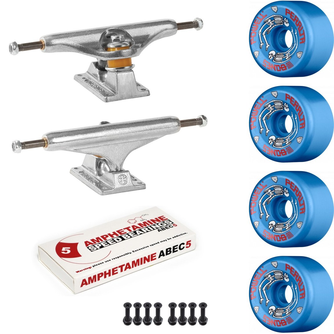 PRODUCT DETAILS Independent 159 Powell G-Bones Blue スケートボード 足回りセット【商品仕様】・ セット内容：トラック、ウィール、ベアリング、ハードウェア（ボルト・ナット）、ライザーパッド・ トラック：Independent Stage 11 159 (スタンダードタイプ)・ ウィール：Powell G-Bones (サイズ：64mm×42mm / 硬さ：97A)・ ベアリング：Amphetamine Abec 5 (ラバーシールド、合成スピードオイル潤滑済)・ ハードウェア：1.25インチ（約3.175cm）マウンティングハードウェア【特徴】・ オールドスクールボードのセットアップやリニューアルに適した、パーツ一式の足回りパッケージです。・ トラックには、回転性能と着地時の安定性を向上させたIndependent Stage 11 159を採用しています。・ ウィールはクラシックな復刻モデルPowell G-Bonesで、64mm（約6.4cm）の大型かつ滑りやすい硬度です。・ ベアリングは熱処理コーティングと腐食耐性を備えたグレード10スチールボールを使用しています。・ 車高を調整しウィールバイトを防止するライザーパッドが付属します。【ご注意】・ 海外並行輸入品のため、付属の説明書がある場合は英語表記となります。 ■ 商品について 海外輸入品（説明書は英語表記の場合あり） ■ ご注意 ・掲載画像は実物に近い色味になるよう調整しておりますが、ご利用の環境により差異が生じる場合があります。・複数店舗で在庫を共有しているため、ご注文後に在庫切れとなる場合がございます。 ■ 納期について お届けの目安を必ずご確認ください。 海外正規ルート仕入れ品 海外ブランド ▼ 海外正規ブランド店 正規代理店 ▼ 当 店 ※本商品は並行輸入品です 製造元は正規品と同一のブランド・メーカーです。当店では海外正規ルートより仕入れた商品を取り扱っております。流通ルートが異なるのみで、商品自体に違いはございません。 ── 当店の商品について ── 正規品のみ取り扱い 海外正規店・正規代理店から商品を直接仕入れ、国内に輸入して販売しております。 日本未入荷・海外限定モデルも多数 日本未入荷・海外限定モデルも多数取り扱っております。サイズ・カラー違いや海外限定で販売された製品など、日本では手に入りにくいアイテムをお届けいたします。 お求めやすい価格の理由 海外市場での価格差や流通ルートの違いにより、国内販売価格よりお求めやすくなっております。品質はそのままに、よりお手頃な価格でお届けいたします。 安心保証 ご使用前に万が一、製品に不具合がございました場合は、交換または商品代金のご返金にて対応させていただきます。商品到着後5日以内にご連絡ください。 ご注意 海外からの輸入品となります。海外輸送のため、外箱に軽微なスレ等がある場合がございますが、商品本体には影響ございません。 ※在庫状況は仕入先の在庫情報をもとに出来る限り正確に表示しておりますが、取寄せ商品のため、タイミングによりご注文後に欠品・キャンセルとなる場合がございます。 お探しの商品がございましたら、お気軽にご相談ください。
