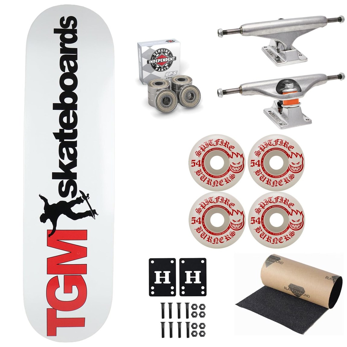 PRODUCT DETAILS TGM Skateboards Logo スケートボード コンプリート Independent Spitfire 7.75" x 31.63" ホワイト【商品仕様】・ 種別：スケートボード コンプリート（完成品）・ デッキサイズ：7.75インチ × 31.63インチ（約19.68cm × 80.34cm）・ ホイールベース：13.875インチ（約35.24cm）・ デッキ素材：カナディアンメイプル（コールドプレス製法）・ トラック：Independent Trucks（A356 T6 熱処理アルミニウム製）・ ウィール：Spitfire Burners（Bighead形状 / 硬度99A）・ ベアリング：Independent GP-S・ 構成パーツ：デッキ、トラック、ウィール、ベアリング、Black Diamondグリップテープ、1インチハードウェア、1/8インチライザーパッド【特徴】・ カナディアンメイプル材をコールドプレスで成型したデッキを使用し、着地の衝撃を吸収する柔軟性と反発力を備えています。・ 足回りにはIndependentのトラックとSpitfireのウィールを組み合わせ、パーツ構成を重視したセッティングです。・ ウィールには独自のウレタンを使用したSpitfire Burnersを採用。Bighead形状により、多様なスケートスタイルに適応します。・ Independent GP-Sベアリングは、防塵シールドや微研磨されたスチールレースを採用し、回転の滑らかさと耐久性を追求しています。・ ストリートやパークでの使用に適した、標準的なサイズのオールラウンドな構成です。【ご注意】・ 海外並行輸入品のため、付属の説明書がある場合は英語表記となります。 ■ 商品について 海外輸入品（説明書は英語表記の場合あり） ■ ご注意 ・掲載画像は実物に近い色味になるよう調整しておりますが、ご利用の環境により差異が生じる場合があります。・複数店舗で在庫を共有しているため、ご注文後に在庫切れとなる場合がございます。 ■ 納期について お届けの目安を必ずご確認ください。 海外正規ルート仕入れ品 海外ブランド ▼ 海外正規ブランド店 正規代理店 ▼ 当 店 ※本商品は並行輸入品です 製造元は正規品と同一のブランド・メーカーです。当店では海外正規ルートより仕入れた商品を取り扱っております。流通ルートが異なるのみで、商品自体に違いはございません。 ── 当店の商品について ── 正規品のみ取り扱い 海外正規店・正規代理店から商品を直接仕入れ、国内に輸入して販売しております。 日本未入荷・海外限定モデルも多数 日本未入荷・海外限定モデルも多数取り扱っております。サイズ・カラー違いや海外限定で販売された製品など、日本では手に入りにくいアイテムをお届けいたします。 お求めやすい価格の理由 海外市場での価格差や流通ルートの違いにより、国内販売価格よりお求めやすくなっております。品質はそのままに、よりお手頃な価格でお届けいたします。 安心保証 ご使用前に万が一、製品に不具合がございました場合は、交換または商品代金のご返金にて対応させていただきます。商品到着後5日以内にご連絡ください。 ご注意 海外からの輸入品となります。海外輸送のため、外箱に軽微なスレ等がある場合がございますが、商品本体には影響ございません。 ※在庫状況は仕入先の在庫情報をもとに出来る限り正確に表示しておりますが、取寄せ商品のため、タイミングによりご注文後に欠品・キャンセルとなる場合がございます。 お探しの商品がございましたら、お気軽にご相談ください。
