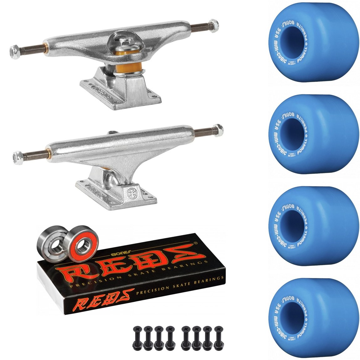 PRODUCT DETAILS Independent Powell Bones スケートボード パーツセット トラック159 ウィール64mm ベアリング ハードウェア ライザー【商品仕様】・ 種別：スケートボード用パーツセット・ トラック：Independent Stage 11 (サイズ 159)・ ウィール：Powell Mini-Cubic (サイズ 64mm×57mm / 約6.4cm×5.7cm)・ ウィール硬度：95A・ ベアリング：Bones Reds・ ハードウェア：1.25インチ (約3.17cm) ボルト・ナットセット、ライザーパッド付属【特徴】・ オールドスクールなボードのセットアップやメンテナンスに適したパーツパッケージです。・ Independent Stage 11トラックは、ターン性能と着地時や高速走行時の安定性を高めた設計を採用しています。・ PowellのMini-Cubicウィールは、パーク、ボウル、プールでのライディングに適したクラシックな形状のウィールです。・ Bones Redsベアリングは、摩擦を軽減する取り外し可能なラバーシールドと、高速走行に対応するナイロン保持器を備えています。・ 優れたグラインドクリアランスを確保したトラックと、走破性の高いウィールを組み合わせた足回りセットです。【ご注意】・ 海外並行輸入品のため、付属の説明書がある場合は英語表記となります。 ■ 商品について 海外輸入品（説明書は英語表記の場合あり） ■ ご注意 ・掲載画像は実物に近い色味になるよう調整しておりますが、ご利用の環境により差異が生じる場合があります。・複数店舗で在庫を共有しているため、ご注文後に在庫切れとなる場合がございます。 ■ 納期について お届けの目安を必ずご確認ください。 海外正規ルート仕入れ品 海外ブランド ▼ 海外正規ブランド店 正規代理店 ▼ 当 店 ※本商品は並行輸入品です 製造元は正規品と同一のブランド・メーカーです。当店では海外正規ルートより仕入れた商品を取り扱っております。流通ルートが異なるのみで、商品自体に違いはございません。 ── 当店の商品について ── 正規品のみ取り扱い 海外正規店・正規代理店から商品を直接仕入れ、国内に輸入して販売しております。 日本未入荷・海外限定モデルも多数 日本未入荷・海外限定モデルも多数取り扱っております。サイズ・カラー違いや海外限定で販売された製品など、日本では手に入りにくいアイテムをお届けいたします。 お求めやすい価格の理由 海外市場での価格差や流通ルートの違いにより、国内販売価格よりお求めやすくなっております。品質はそのままに、よりお手頃な価格でお届けいたします。 安心保証 ご使用前に万が一、製品に不具合がございました場合は、交換または商品代金のご返金にて対応させていただきます。商品到着後5日以内にご連絡ください。 ご注意 海外からの輸入品となります。海外輸送のため、外箱に軽微なスレ等がある場合がございますが、商品本体には影響ございません。 ※在庫状況は仕入先の在庫情報をもとに出来る限り正確に表示しておりますが、取寄せ商品のため、タイミングによりご注文後に欠品・キャンセルとなる場合がございます。 お探しの商品がございましたら、お気軽にご相談ください。