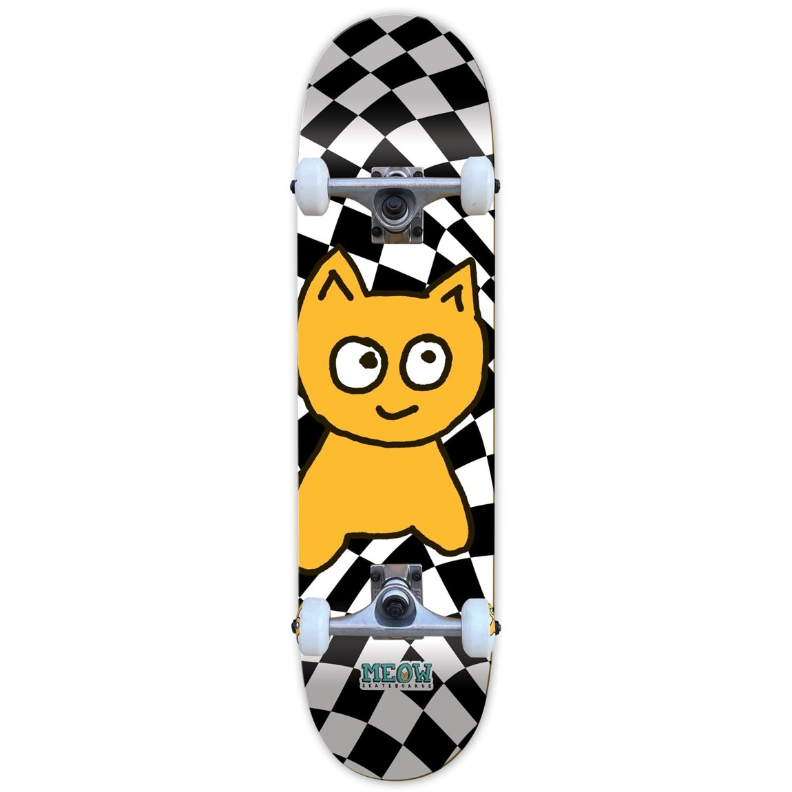 PRODUCT DETAILS Meow Skateboards Big Cat Checker Twist コンプリート スケートボード 7.75" x 31.1"【商品仕様】・ 種別：コンプリート（完成品）・ デッキサイズ：7.75" x 31.1" (約19.68cm x 78.99cm)・ ホイールベース：13.6" (約34.54cm)・ 素材：7層カナディアンハードロックメイプル・ トラック：Meow trucks (85Aソフトブッシュ)・ ウィール：Meow 52mm 99a wheels・ ベアリング：ABEC 7【特徴】・ 女性スケートコミュニティの支援を掲げるMeow Skateboardsのコンプリートモデルです。・ 7.75インチ幅のデッキを採用しており、安定感と扱いやすさを兼ね備えたサイズです。・ 85Aのソフトブッシュを搭載したトラックにより、スムーズなターンが可能です。・ 52mm/99aのウィールとABEC 7ベアリングを装備し、パークやストリートでの走行に適しています。・ パーツが全て組み立てられた状態のため、届いてすぐに滑り始めることができます。【ご注意】・ 海外並行輸入品のため、付属の説明書がある場合は英語表記となります。 ■ 商品について 海外輸入品（説明書は英語表記の場合あり） ■ ご注意 ・掲載画像は実物に近い色味になるよう調整しておりますが、ご利用の環境により差異が生じる場合があります。・複数店舗で在庫を共有しているため、ご注文後に在庫切れとなる場合がございます。 ■ 納期について お届けの目安を必ずご確認ください。 海外正規ルート仕入れ品 海外ブランド ▼ 海外正規ブランド店 正規代理店 ▼ 当 店 ※本商品は並行輸入品です 製造元は正規品と同一のブランド・メーカーです。当店では海外正規ルートより仕入れた商品を取り扱っております。流通ルートが異なるのみで、商品自体に違いはございません。 ── 当店の商品について ── 正規品のみ取り扱い 海外正規店・正規代理店から商品を直接仕入れ、国内に輸入して販売しております。 日本未入荷・海外限定モデルも多数 日本未入荷・海外限定モデルも多数取り扱っております。サイズ・カラー違いや海外限定で販売された製品など、日本では手に入りにくいアイテムをお届けいたします。 お求めやすい価格の理由 海外市場での価格差や流通ルートの違いにより、国内販売価格よりお求めやすくなっております。品質はそのままに、よりお手頃な価格でお届けいたします。 安心保証 ご使用前に万が一、製品に不具合がございました場合は、交換または商品代金のご返金にて対応させていただきます。商品到着後5日以内にご連絡ください。 ご注意 海外からの輸入品となります。海外輸送のため、外箱に軽微なスレ等がある場合がございますが、商品本体には影響ございません。 ※在庫状況は仕入先の在庫情報をもとに出来る限り正確に表示しておりますが、取寄せ商品のため、タイミングによりご注文後に欠品・キャンセルとなる場合がございます。 お探しの商品がございましたら、お気軽にご相談ください。