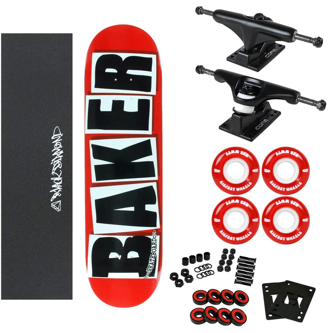 PRODUCT DETAILS Baker Logo Red/Black スケートボード コンプリート 8.38インチ 83A ソフトウィール【商品仕様】・ 種別：スケートボード コンプリート（未組み立てキット）・ デッキ幅：8.38インチ（約21.28cm）・ デッキ：Baker Logo Red/Black・ トラック：Core Trucks・ ウィール：Bigfoot 55mm 83A（ソフトウィール）・ ベアリング：Amp Speed Bearings・ グリップテープ：Black Diamond Griptape・ 付属品：1インチ ハードウェア【特徴】・ Bakerの定番ロゴデザインのデッキに、走行音を抑えたソフトウィールを組み合わせたセットです。・ 83Aのソフトウィールを採用しており、荒れた路面でも滑らかで静かな走行が可能です。・ 耐久性のあるCoreトラックや高速回転をサポートするAmpベアリングが付属します。・ パーツがバラバラの状態で届くため、ご自身で組み立てる楽しみを味わえるカスタマイズキットです。【ご注意】・ 海外並行輸入品のため、付属の説明書がある場合は英語表記となります。 ■ 商品について 海外輸入品（説明書は英語表記の場合あり） ■ ご注意 ・掲載画像は実物に近い色味になるよう調整しておりますが、ご利用の環境により差異が生じる場合があります。・複数店舗で在庫を共有しているため、ご注文後に在庫切れとなる場合がございます。 ■ 納期について お届けの目安を必ずご確認ください。 海外正規ルート仕入れ品 海外ブランド ▼ 海外正規ブランド店 正規代理店 ▼ 当 店 ※本商品は並行輸入品です 製造元は正規品と同一のブランド・メーカーです。当店では海外正規ルートより仕入れた商品を取り扱っております。流通ルートが異なるのみで、商品自体に違いはございません。 ── 当店の商品について ── 正規品のみ取り扱い 海外正規店・正規代理店から商品を直接仕入れ、国内に輸入して販売しております。 日本未入荷・海外限定モデルも多数 日本未入荷・海外限定モデルも多数取り扱っております。サイズ・カラー違いや海外限定で販売された製品など、日本では手に入りにくいアイテムをお届けいたします。 お求めやすい価格の理由 海外市場での価格差や流通ルートの違いにより、国内販売価格よりお求めやすくなっております。品質はそのままに、よりお手頃な価格でお届けいたします。 安心保証 ご使用前に万が一、製品に不具合がございました場合は、交換または商品代金のご返金にて対応させていただきます。商品到着後5日以内にご連絡ください。 ご注意 海外からの輸入品となります。海外輸送のため、外箱に軽微なスレ等がある場合がございますが、商品本体には影響ございません。 ※在庫状況は仕入先の在庫情報をもとに出来る限り正確に表示しておりますが、取寄せ商品のため、タイミングによりご注文後に欠品・キャンセルとなる場合がございます。 お探しの商品がございましたら、お気軽にご相談ください。