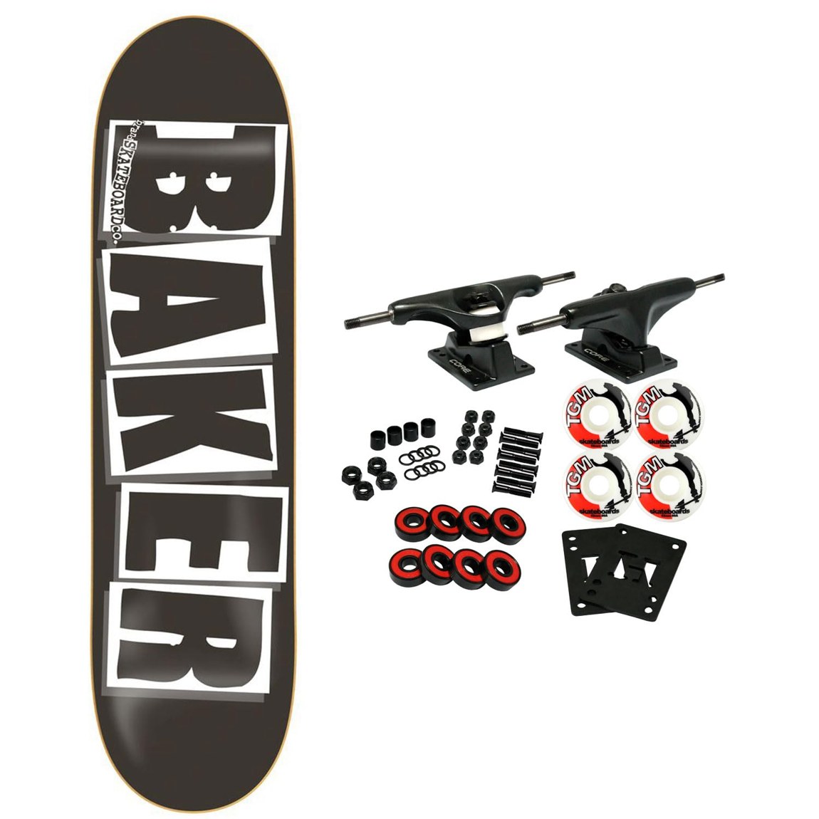 PRODUCT DETAILS BAKER Logo Black/White スケートボード コンプリートセット 8.125インチ【商品仕様】・ 種別：スケートボード コンプリート（未組み立てセット）・ デッキ幅：8.125インチ（約20.6cm）・ デッキ長さ：31.5インチ（約80.0cm）・ 素材：100％カナディアンメイプル・ トラック：Core社製（アルミニウム、グレード8スチールキングピン）・ ウィール：52mm 99A（ストリート/パーク向け）・ ベアリング：Amphetamine Abec 5（低粘度オイル使用、ゴム製シールド）【特徴】・ BAKERを象徴するロゴデザインのOGシェイプで、緩やかなコンケーブ（デッキの横方向の反り）が特徴です。・ デッキには耐久性と反発力の高い100％カナディアンメイプルを使用しており、初心者からプロレベルまで対応します。・ 軽量で高強度のCore社製トラックと、USA製のブッシュ、ピボットカップを組み合わせています。・ ウィールとベアリングは、ストリート走行とパークライディングの双方に適したスペックを採用しています。・ 本商品はパーツごとの未組み立て状態で届くため、各パーツの構造を確認しながら自分自身でセッティングを楽しむことができます。【ご注意】・ 海外並行輸入品のため、付属の説明書がある場合は英語表記となります。 ■ 商品について 海外輸入品（説明書は英語表記の場合あり） ■ ご注意 ・掲載画像は実物に近い色味になるよう調整しておりますが、ご利用の環境により差異が生じる場合があります。・複数店舗で在庫を共有しているため、ご注文後に在庫切れとなる場合がございます。 ■ 納期について お届けの目安を必ずご確認ください。 海外正規ルート仕入れ品 海外ブランド ▼ 海外正規ブランド店 正規代理店 ▼ 当 店 ※本商品は並行輸入品です 製造元は正規品と同一のブランド・メーカーです。当店では海外正規ルートより仕入れた商品を取り扱っております。流通ルートが異なるのみで、商品自体に違いはございません。 ── 当店の商品について ── 正規品のみ取り扱い 海外正規店・正規代理店から商品を直接仕入れ、国内に輸入して販売しております。 日本未入荷・海外限定モデルも多数 日本未入荷・海外限定モデルも多数取り扱っております。サイズ・カラー違いや海外限定で販売された製品など、日本では手に入りにくいアイテムをお届けいたします。 お求めやすい価格の理由 海外市場での価格差や流通ルートの違いにより、国内販売価格よりお求めやすくなっております。品質はそのままに、よりお手頃な価格でお届けいたします。 安心保証 ご使用前に万が一、製品に不具合がございました場合は、交換または商品代金のご返金にて対応させていただきます。商品到着後5日以内にご連絡ください。 ご注意 海外からの輸入品となります。海外輸送のため、外箱に軽微なスレ等がある場合がございますが、商品本体には影響ございません。 ※在庫状況は仕入先の在庫情報をもとに出来る限り正確に表示しておりますが、取寄せ商品のため、タイミングによりご注文後に欠品・キャンセルとなる場合がございます。 お探しの商品がございましたら、お気軽にご相談ください。