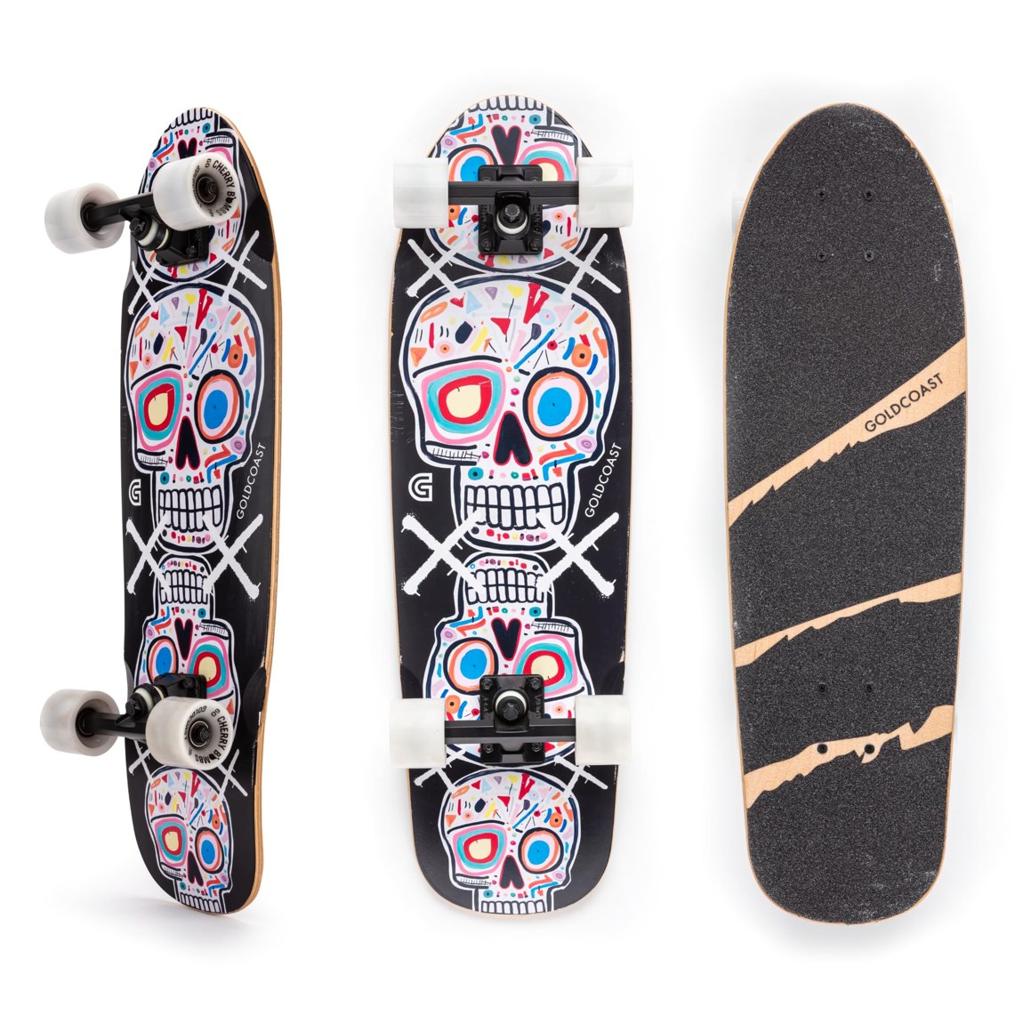 PRODUCT DETAILS GoldCoast Bones Cruiser Skateboard Complete 28インチ カナディアンメイプル 60mmウィール クルーザー コンプリート【商品仕様】・ 種別：クルーザー コンプリート（完成品）・ デッキ長：28インチ（約71.12cm）・ 素材：カナディアンメイプル・ ウィール：60mm ソフトウィール・ ベアリング：プレシジョンベアリング・ 用途：クルージング、通勤、通学【特徴】・ カナディアンメイプルを使用した28インチのコンパクトなデッキで、持ち運びやすさと安定性を両立しています。・ 60mmのソフトウィールを採用しており、荒れた路面や舗装路でも静かで滑らかな走行が可能です。・ レスポンスの良いトラックを装備し、狭い場所や街中でのターンもスムーズにコントロールできます。・ 安定した速度を維持しやすい精密なベアリングを搭載し、快適な滑走感を提供します。・ サーフとスケートの伝統にインスパイアされた、日常使いに適したクラシックな形状のボードです。【ご注意】・ 海外並行輸入品のため、付属の説明書がある場合は英語表記となります。 ■ 商品について 海外輸入品（説明書は英語表記の場合あり） ■ ご注意 ・掲載画像は実物に近い色味になるよう調整しておりますが、ご利用の環境により差異が生じる場合があります。・複数店舗で在庫を共有しているため、ご注文後に在庫切れとなる場合がございます。 ■ 納期について お届けの目安を必ずご確認ください。 海外正規ルート仕入れ品 海外ブランド ▼ 海外正規ブランド店 正規代理店 ▼ 当 店 ※本商品は並行輸入品です 製造元は正規品と同一のブランド・メーカーです。当店では海外正規ルートより仕入れた商品を取り扱っております。流通ルートが異なるのみで、商品自体に違いはございません。 ── 当店の商品について ── 正規品のみ取り扱い 海外正規店・正規代理店から商品を直接仕入れ、国内に輸入して販売しております。 日本未入荷・海外限定モデルも多数 日本未入荷・海外限定モデルも多数取り扱っております。サイズ・カラー違いや海外限定で販売された製品など、日本では手に入りにくいアイテムをお届けいたします。 お求めやすい価格の理由 海外市場での価格差や流通ルートの違いにより、国内販売価格よりお求めやすくなっております。品質はそのままに、よりお手頃な価格でお届けいたします。 安心保証 ご使用前に万が一、製品に不具合がございました場合は、交換または商品代金のご返金にて対応させていただきます。商品到着後5日以内にご連絡ください。 ご注意 海外からの輸入品となります。海外輸送のため、外箱に軽微なスレ等がある場合がございますが、商品本体には影響ございません。 ※在庫状況は仕入先の在庫情報をもとに出来る限り正確に表示しておりますが、取寄せ商品のため、タイミングによりご注文後に欠品・キャンセルとなる場合がございます。 お探しの商品がございましたら、お気軽にご相談ください。