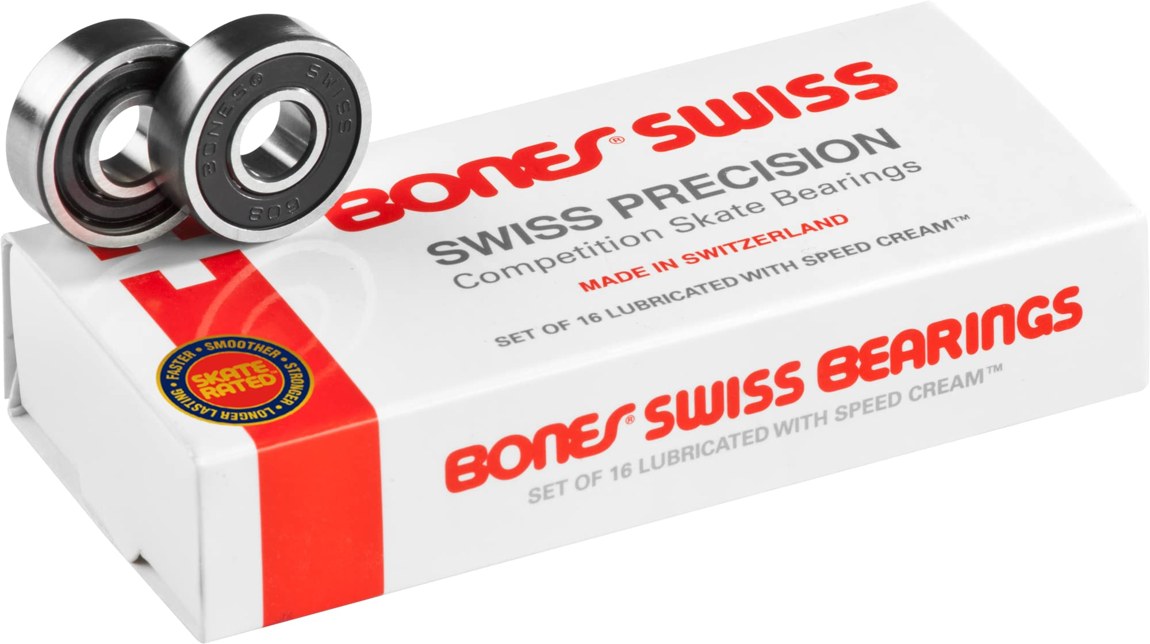 PRODUCT DETAILS Bones Swiss スケートボード ベアリング 7mm 16個パック【商品仕様】・ 種別：スケートボード用ベアリング・ サイズ：7mm（内径）・ 数量：16個入り・ 潤滑剤：Speed Cream 塗布済み・ 付属品：ステッカー、取扱説明書【特徴】・ 摩擦を抑え、クリーニングを容易にする取り外し可能な非接触型ゴム製シールドを採用しています。・ 高速走行を支えるナイロン製ボールリテーナーにより、優れた強度とスピードを実現します。・ 製造時にSpeed Cream潤滑剤が塗布されており、開封後すぐに高い回転性能を発揮します。・ 耐久性と性能を追求したSkate Rated規格に基づいて設計されています。・ 16個セットのため、クアッドスケート（ローラースケート）などの用途にも対応可能です。【ご注意】・ 海外並行輸入品のため、付属の説明書がある場合は英語表記となります。 ■ 商品について 海外輸入品（説明書は英語表記の場合あり） ■ ご注意 ・掲載画像は実物に近い色味になるよう調整しておりますが、ご利用の環境により差異が生じる場合があります。・複数店舗で在庫を共有しているため、ご注文後に在庫切れとなる場合がございます。 ■ 納期について お届けの目安を必ずご確認ください。 海外正規ルート仕入れ品 海外ブランド ▼ 海外正規ブランド店 正規代理店 ▼ 当 店 ※本商品は並行輸入品です 製造元は正規品と同一のブランド・メーカーです。当店では海外正規ルートより仕入れた商品を取り扱っております。流通ルートが異なるのみで、商品自体に違いはございません。 ── 当店の商品について ── 正規品のみ取り扱い 海外正規店・正規代理店から商品を直接仕入れ、国内に輸入して販売しております。 日本未入荷・海外限定モデルも多数 日本未入荷・海外限定モデルも多数取り扱っております。サイズ・カラー違いや海外限定で販売された製品など、日本では手に入りにくいアイテムをお届けいたします。 お求めやすい価格の理由 海外市場での価格差や流通ルートの違いにより、国内販売価格よりお求めやすくなっております。品質はそのままに、よりお手頃な価格でお届けいたします。 安心保証 ご使用前に万が一、製品に不具合がございました場合は、交換または商品代金のご返金にて対応させていただきます。商品到着後5日以内にご連絡ください。 ご注意 海外からの輸入品となります。海外輸送のため、外箱に軽微なスレ等がある場合がございますが、商品本体には影響ございません。 ※在庫状況は仕入先の在庫情報をもとに出来る限り正確に表示しておりますが、取寄せ商品のため、タイミングによりご注文後に欠品・キャンセルとなる場合がございます。 お探しの商品がございましたら、お気軽にご相談ください。