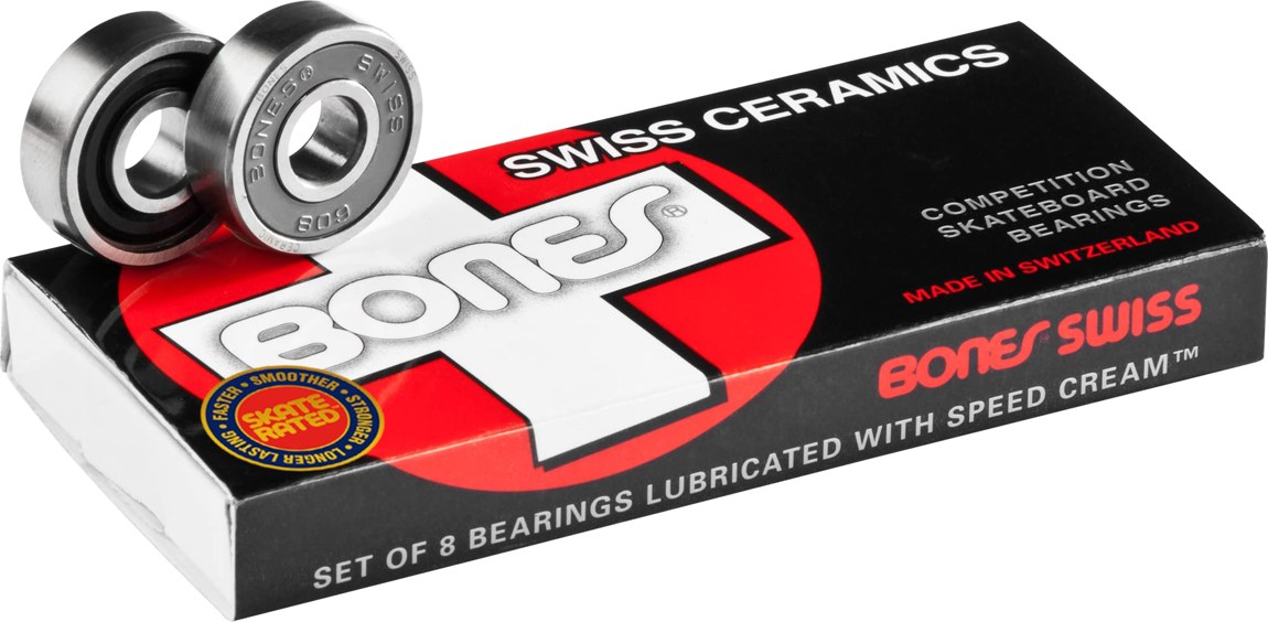 PRODUCT DETAILS Bones Swiss Ceramic ベアリング スケートボード 8個入り【商品仕様】・ 種別：スケートボード用ベアリング・ 内容量：8個入り（スケートボード1台分）・ 付属品：ベアリングスペーサー（4個）、ステッカー、説明書（英語）・ 規格：Skate Rated【特徴】・ セラミック製ボールを採用し、加速性能と回転の持続性が向上しています。・ 汚れや湿気に対する耐性が高く、長期間のパフォーマンス維持を助けます。・ 取り外し可能な非接触ラバーシールドを採用しており、清掃などのメンテナンスが容易です。・ 高速走行時の負荷に耐える高強度ナイロン製ボールリテーナーを使用しています。・ スケートボード専用のクリアランスと潤滑剤により、優れた耐久性を発揮します。【ご注意】・ 海外並行輸入品のため、付属の説明書がある場合は英語表記となります。 ■ 商品について 海外輸入品（説明書は英語表記の場合あり） ■ ご注意 ・掲載画像は実物に近い色味になるよう調整しておりますが、ご利用の環境により差異が生じる場合があります。・複数店舗で在庫を共有しているため、ご注文後に在庫切れとなる場合がございます。 ■ 納期について お届けの目安を必ずご確認ください。 海外正規ルート仕入れ品 海外ブランド ▼ 海外正規ブランド店 正規代理店 ▼ 当 店 ※本商品は並行輸入品です 製造元は正規品と同一のブランド・メーカーです。当店では海外正規ルートより仕入れた商品を取り扱っております。流通ルートが異なるのみで、商品自体に違いはございません。 ── 当店の商品について ── 正規品のみ取り扱い 海外正規店・正規代理店から商品を直接仕入れ、国内に輸入して販売しております。 日本未入荷・海外限定モデルも多数 日本未入荷・海外限定モデルも多数取り扱っております。サイズ・カラー違いや海外限定で販売された製品など、日本では手に入りにくいアイテムをお届けいたします。 お求めやすい価格の理由 海外市場での価格差や流通ルートの違いにより、国内販売価格よりお求めやすくなっております。品質はそのままに、よりお手頃な価格でお届けいたします。 安心保証 ご使用前に万が一、製品に不具合がございました場合は、交換または商品代金のご返金にて対応させていただきます。商品到着後5日以内にご連絡ください。 ご注意 海外からの輸入品となります。海外輸送のため、外箱に軽微なスレ等がある場合がございますが、商品本体には影響ございません。 ※在庫状況は仕入先の在庫情報をもとに出来る限り正確に表示しておりますが、取寄せ商品のため、タイミングによりご注文後に欠品・キャンセルとなる場合がございます。 お探しの商品がございましたら、お気軽にご相談ください。