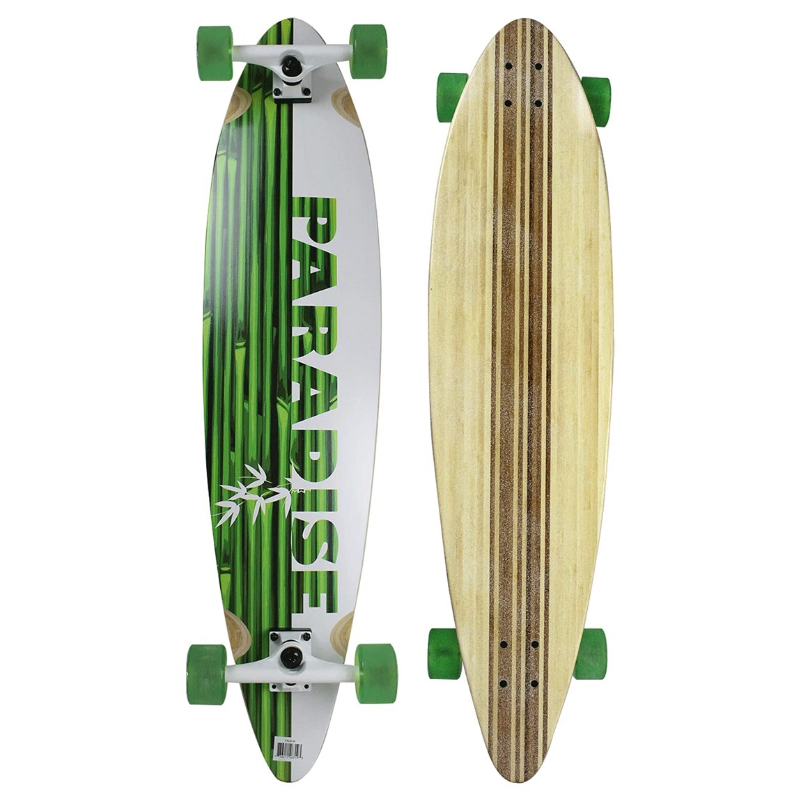 PRODUCT DETAILS Paradise White/Green Bamboo Pintail ロングボード クルーザー スケートボード コンプリート 9.75" x 41"【商品仕様】・ 種別：ロングボード コンプリート（完成品）・ デッキサイズ：9.75" x 41"（約24.7cm x 104.1cm）・ ホイールベース：28.25"（約71.7cm）・ 素材：バンブー（竹）、北米産メイプル・ デッキ形状：ピンテール、コンケーブ・ トラック：7.0 ホワイトアルミニウム合金・ ウィール：Bigfoot 70mm 80A Pathfinders（ストーングラウンド仕上げ）・ ベアリング：Speed ABEC 7・ グリップテープ：クリアスプレー加工【特徴】・ バンブーと北米産メイプルを組み合わせた特殊構造のデッキを採用しています。・ サーフボードにインスパイアされたピンテール形状は、クルージングやカービングに適した設計です。・ 鋭いターンやバランスの維持をサポートする、中央部が広くノーズとテールが絞られた形状です。・ 路面との摩擦を考慮したストーングラウンド仕上げのBigfootウィールを装備しています。・ デッキトップには透明なスプレーグリップが施されており、素材の質感を保ちながらグリップ力を提供します。【ご注意】・ 海外並行輸入品のため、付属の説明書がある場合は英語表記となります。 ■ 商品について 海外輸入品（説明書は英語表記の場合あり） ■ ご注意 ・掲載画像は実物に近い色味になるよう調整しておりますが、ご利用の環境により差異が生じる場合があります。・複数店舗で在庫を共有しているため、ご注文後に在庫切れとなる場合がございます。 ■ 納期について お届けの目安を必ずご確認ください。 海外正規ルート仕入れ品 海外ブランド ▼ 海外正規ブランド店 正規代理店 ▼ 当 店 ※本商品は並行輸入品です 製造元は正規品と同一のブランド・メーカーです。当店では海外正規ルートより仕入れた商品を取り扱っております。流通ルートが異なるのみで、商品自体に違いはございません。 ── 当店の商品について ── 正規品のみ取り扱い 海外正規店・正規代理店から商品を直接仕入れ、国内に輸入して販売しております。 日本未入荷・海外限定モデルも多数 日本未入荷・海外限定モデルも多数取り扱っております。サイズ・カラー違いや海外限定で販売された製品など、日本では手に入りにくいアイテムをお届けいたします。 お求めやすい価格の理由 海外市場での価格差や流通ルートの違いにより、国内販売価格よりお求めやすくなっております。品質はそのままに、よりお手頃な価格でお届けいたします。 安心保証 ご使用前に万が一、製品に不具合がございました場合は、交換または商品代金のご返金にて対応させていただきます。商品到着後5日以内にご連絡ください。 ご注意 海外からの輸入品となります。海外輸送のため、外箱に軽微なスレ等がある場合がございますが、商品本体には影響ございません。 ※在庫状況は仕入先の在庫情報をもとに出来る限り正確に表示しておりますが、取寄せ商品のため、タイミングによりご注文後に欠品・キャンセルとなる場合がございます。 お探しの商品がございましたら、お気軽にご相談ください。