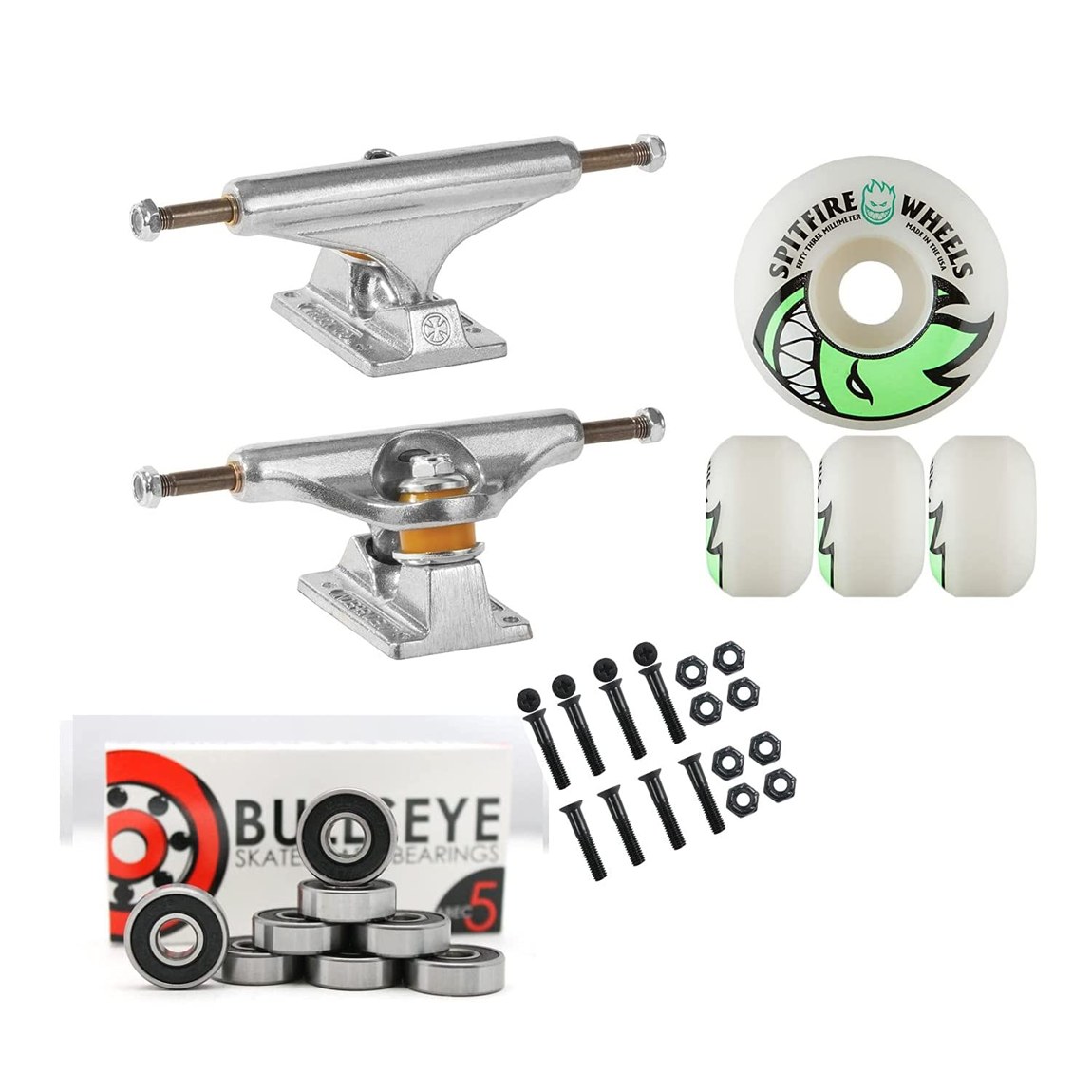 PRODUCT DETAILS Independent Spitfire トラック ウィール パッケージ 139mm 53mm スケートボード 足回り セット 8.0inch【商品仕様】・ 種別：スケートボード足回りセット（トラック・ウィール・ベアリング・ボルトナット）・ トラック：Independent 139（ハンガー幅：約137mm / 適合デッキ幅：7.8〜8.2インチ 20.0cm〜20.8cm目安）・ ウィール：Spitfire Bighead 53mm（直径：5.3cm / 硬さ：99A）・ ベアリング：Bullseye Abec 5・ ハードウェア：1インチ（約2.54cm）プラス頭ボルト・ナット・ 素材：アルミニウム、クロモリ鋼、ウレタン【特徴】・ IndependentトラックとSpitfireウィールを組み合わせた、スケートボード1台分の足回りパーツ一式です。・ トラックは356 T6アルミニウムのハンガーとベースプレート、クロモリ鋼のアクセルシャフトを採用した耐久性の高い構成です。・ ウィールは99Aの硬度を採用しており、ストリート走行からパークでの滑走まで幅広く対応します。・ 安定したターン性能と、グラインド時の引っかかりを軽減する形状に設計されています。・ お手持ちのデッキのアップグレードや、新しいデッキを組み立てる際のパーツセットとして適しています。【ご注意】・ 海外並行輸入品のため、付属の説明書がある場合は英語表記となります。 ■ 商品について 海外輸入品（説明書は英語表記の場合あり） ■ ご注意 ・掲載画像は実物に近い色味になるよう調整しておりますが、ご利用の環境により差異が生じる場合があります。・複数店舗で在庫を共有しているため、ご注文後に在庫切れとなる場合がございます。 ■ 納期について お届けの目安を必ずご確認ください。 海外正規ルート仕入れ品 海外ブランド ▼ 海外正規ブランド店 正規代理店 ▼ 当 店 ※本商品は並行輸入品です 製造元は正規品と同一のブランド・メーカーです。当店では海外正規ルートより仕入れた商品を取り扱っております。流通ルートが異なるのみで、商品自体に違いはございません。 ── 当店の商品について ── 正規品のみ取り扱い 海外正規店・正規代理店から商品を直接仕入れ、国内に輸入して販売しております。 日本未入荷・海外限定モデルも多数 日本未入荷・海外限定モデルも多数取り扱っております。サイズ・カラー違いや海外限定で販売された製品など、日本では手に入りにくいアイテムをお届けいたします。 お求めやすい価格の理由 海外市場での価格差や流通ルートの違いにより、国内販売価格よりお求めやすくなっております。品質はそのままに、よりお手頃な価格でお届けいたします。 安心保証 ご使用前に万が一、製品に不具合がございました場合は、交換または商品代金のご返金にて対応させていただきます。商品到着後5日以内にご連絡ください。 ご注意 海外からの輸入品となります。海外輸送のため、外箱に軽微なスレ等がある場合がございますが、商品本体には影響ございません。 ※在庫状況は仕入先の在庫情報をもとに出来る限り正確に表示しておりますが、取寄せ商品のため、タイミングによりご注文後に欠品・キャンセルとなる場合がございます。 お探しの商品がございましたら、お気軽にご相談ください。