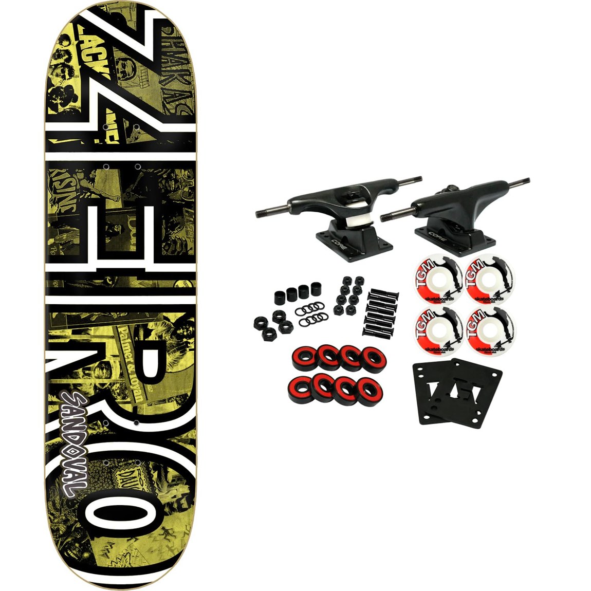 PRODUCT DETAILS Zero Tommy Sandoval Roots スケートボード コンプリート 8.5" x 32.3"【商品仕様】・ 種別：スケートボード コンプリート（未組み立てパーツセット）・ デッキ幅：8.5インチ（約21.59cm）・ デッキ長さ：32.3インチ（約82.04cm）・ ホイールベース：14.5インチ（約36.83cm）・ デッキ素材：7プライ 北米産メイプル・ トラック：Core アルミニウム製トラック・ ウィール：52mm 99A TGMロゴウィール・ ベアリング：Amp ABEC 5 ベアリング・ 付属品：Black Diamond グリップテープ、ライザーパッド、ハードウェア一式【特徴】・ Tommy Sandovalのシグネチャーシリーズのデッキを採用したコンプリートセットです。・ デッキは耐久性の高い7層の北米産メイプルを使用しています。・ 付属の52mm 99Aウィールは、ストリートからパークでのスケートに適した硬度です。・ 軽量なアルミ製Coreトラックと、メンテナンス性の高いAmp ABEC 5ベアリングが付属します。・ 初心者からプロレベルまで、あらゆるスキルレベルの方に対応する設計です。・ パーツが分かれた未組み立ての状態で届くため、自身の好みに合わせた調整が可能です。【ご注意】・ 海外並行輸入品のため、付属の説明書がある場合は英語表記となります。 ■ 商品について 海外輸入品（説明書は英語表記の場合あり） ■ ご注意 ・掲載画像は実物に近い色味になるよう調整しておりますが、ご利用の環境により差異が生じる場合があります。・複数店舗で在庫を共有しているため、ご注文後に在庫切れとなる場合がございます。 ■ 納期について お届けの目安を必ずご確認ください。 海外正規ルート仕入れ品 海外ブランド ▼ 海外正規ブランド店 正規代理店 ▼ 当 店 ※本商品は並行輸入品です 製造元は正規品と同一のブランド・メーカーです。当店では海外正規ルートより仕入れた商品を取り扱っております。流通ルートが異なるのみで、商品自体に違いはございません。 ── 当店の商品について ── 正規品のみ取り扱い 海外正規店・正規代理店から商品を直接仕入れ、国内に輸入して販売しております。 日本未入荷・海外限定モデルも多数 日本未入荷・海外限定モデルも多数取り扱っております。サイズ・カラー違いや海外限定で販売された製品など、日本では手に入りにくいアイテムをお届けいたします。 お求めやすい価格の理由 海外市場での価格差や流通ルートの違いにより、国内販売価格よりお求めやすくなっております。品質はそのままに、よりお手頃な価格でお届けいたします。 安心保証 ご使用前に万が一、製品に不具合がございました場合は、交換または商品代金のご返金にて対応させていただきます。商品到着後5日以内にご連絡ください。 ご注意 海外からの輸入品となります。海外輸送のため、外箱に軽微なスレ等がある場合がございますが、商品本体には影響ございません。 ※在庫状況は仕入先の在庫情報をもとに出来る限り正確に表示しておりますが、取寄せ商品のため、タイミングによりご注文後に欠品・キャンセルとなる場合がございます。 お探しの商品がございましたら、お気軽にご相談ください。