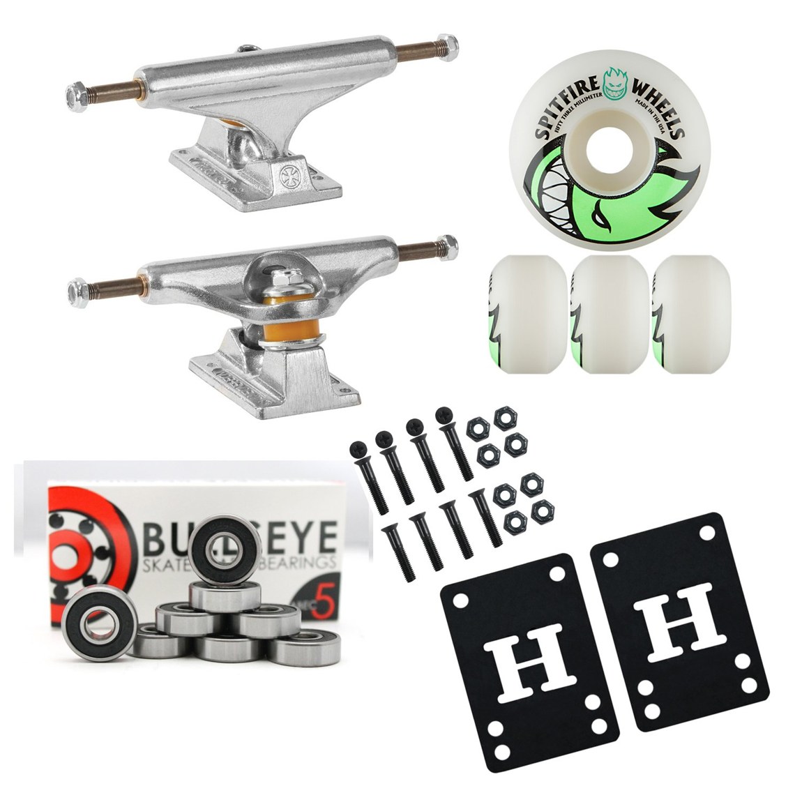 PRODUCT DETAILS Independent 129 Spitfire 53mm スケートボード トラック ウィール ベアリング パーツ 足回りセット【商品仕様】・ 種別：スケートボード用足回りパーツセット・ トラック：Independent 129（356 T6 アルミニウム製 / 推奨デッキ幅：7.4-7.8インチ）・ ウィール：Spitfire 53mm（硬度：99A / 高品質ウレタン製）・ ベアリング：Bullseye Abec 5（クロム鋼仕様）・ 構成品：1インチ ビス・ナットセット、1/8インチ（約3mm）ライザーパッド【特徴】・ スケートボードの代表的ブランドであるIndependentのトラックとSpitfireのウィールを組み合わせた足回りパッケージです。・ トラックは優れたターン性能と安定性を備え、グラインド時のクリアランスを確保したプロ仕様の設計です。・ ウィールはストリートとパークの両方で高いパフォーマンスを発揮する、汎用性の高い99Aの硬度を採用しています。・ ベアリングは低粘度合成オイルを使用しており、摩擦を抑えスムーズな回転を維持します。・ お好みのデッキと組み合わせることで、プログレードのセッティングを構築できるコンポーネントセットです。【ご注意】・ 海外並行輸入品のため、付属の説明書がある場合は英語表記となります。 ■ 商品について 海外輸入品（説明書は英語表記の場合あり） ■ ご注意 ・掲載画像は実物に近い色味になるよう調整しておりますが、ご利用の環境により差異が生じる場合があります。・複数店舗で在庫を共有しているため、ご注文後に在庫切れとなる場合がございます。 ■ 納期について お届けの目安を必ずご確認ください。 海外正規ルート仕入れ品 海外ブランド ▼ 海外正規ブランド店 正規代理店 ▼ 当 店 ※本商品は並行輸入品です 製造元は正規品と同一のブランド・メーカーです。当店では海外正規ルートより仕入れた商品を取り扱っております。流通ルートが異なるのみで、商品自体に違いはございません。 ── 当店の商品について ── 正規品のみ取り扱い 海外正規店・正規代理店から商品を直接仕入れ、国内に輸入して販売しております。 日本未入荷・海外限定モデルも多数 日本未入荷・海外限定モデルも多数取り扱っております。サイズ・カラー違いや海外限定で販売された製品など、日本では手に入りにくいアイテムをお届けいたします。 お求めやすい価格の理由 海外市場での価格差や流通ルートの違いにより、国内販売価格よりお求めやすくなっております。品質はそのままに、よりお手頃な価格でお届けいたします。 安心保証 ご使用前に万が一、製品に不具合がございました場合は、交換または商品代金のご返金にて対応させていただきます。商品到着後5日以内にご連絡ください。 ご注意 海外からの輸入品となります。海外輸送のため、外箱に軽微なスレ等がある場合がございますが、商品本体には影響ございません。 ※在庫状況は仕入先の在庫情報をもとに出来る限り正確に表示しておりますが、取寄せ商品のため、タイミングによりご注文後に欠品・キャンセルとなる場合がございます。 お探しの商品がございましたら、お気軽にご相談ください。