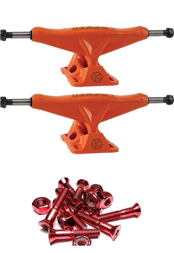 PRODUCT DETAILS Grind King Locker Skateboard Trucks 5.4 Hanger 8.0 Axle Orange トラック ビス付き 2個1セット【商品仕様】・ 種別：スケートボード用トラック・ ハンガー幅：5.4インチ (約13.72cm)・ アクスル幅：8.0インチ (約20.32cm)・ カラー：オレンジ・ 付属品：1インチ マウンティングハードウェア（レッド）・ 内容量：トラック2個（前後1セット）および取付用ビスセット【特徴】・ Grind King製のLockerシリーズ、スケートボード用トラックです。・ アクスル幅8.0インチの設計で、主に7.75インチから8.25インチ程度の幅のデッキに対応します。・ 1インチのプラス頭ビス（アノダイズドレッド）が付属したお得なセットアイテムです。・ スムーズなライディングを目的とした、汎用性の高い設計が特徴です。【ご注意】・ 海外並行輸入品のため、付属の説明書がある場合は英語表記となります。 ■ 商品について 海外輸入品（説明書は英語表記の場合あり） ■ ご注意 ・掲載画像は実物に近い色味になるよう調整しておりますが、ご利用の環境により差異が生じる場合があります。・複数店舗で在庫を共有しているため、ご注文後に在庫切れとなる場合がございます。 ■ 納期について お届けの目安を必ずご確認ください。 海外正規ルート仕入れ品 海外ブランド ▼ 海外正規ブランド店 正規代理店 ▼ 当 店 ※本商品は並行輸入品です 製造元は正規品と同一のブランド・メーカーです。当店では海外正規ルートより仕入れた商品を取り扱っております。流通ルートが異なるのみで、商品自体に違いはございません。 ── 当店の商品について ── 正規品のみ取り扱い 海外正規店・正規代理店から商品を直接仕入れ、国内に輸入して販売しております。 日本未入荷・海外限定モデルも多数 日本未入荷・海外限定モデルも多数取り扱っております。サイズ・カラー違いや海外限定で販売された製品など、日本では手に入りにくいアイテムをお届けいたします。 お求めやすい価格の理由 海外市場での価格差や流通ルートの違いにより、国内販売価格よりお求めやすくなっております。品質はそのままに、よりお手頃な価格でお届けいたします。 安心保証 ご使用前に万が一、製品に不具合がございました場合は、交換または商品代金のご返金にて対応させていただきます。商品到着後5日以内にご連絡ください。 ご注意 海外からの輸入品となります。海外輸送のため、外箱に軽微なスレ等がある場合がございますが、商品本体には影響ございません。 ※在庫状況は仕入先の在庫情報をもとに出来る限り正確に表示しておりますが、取寄せ商品のため、タイミングによりご注文後に欠品・キャンセルとなる場合がございます。 お探しの商品がございましたら、お気軽にご相談ください。