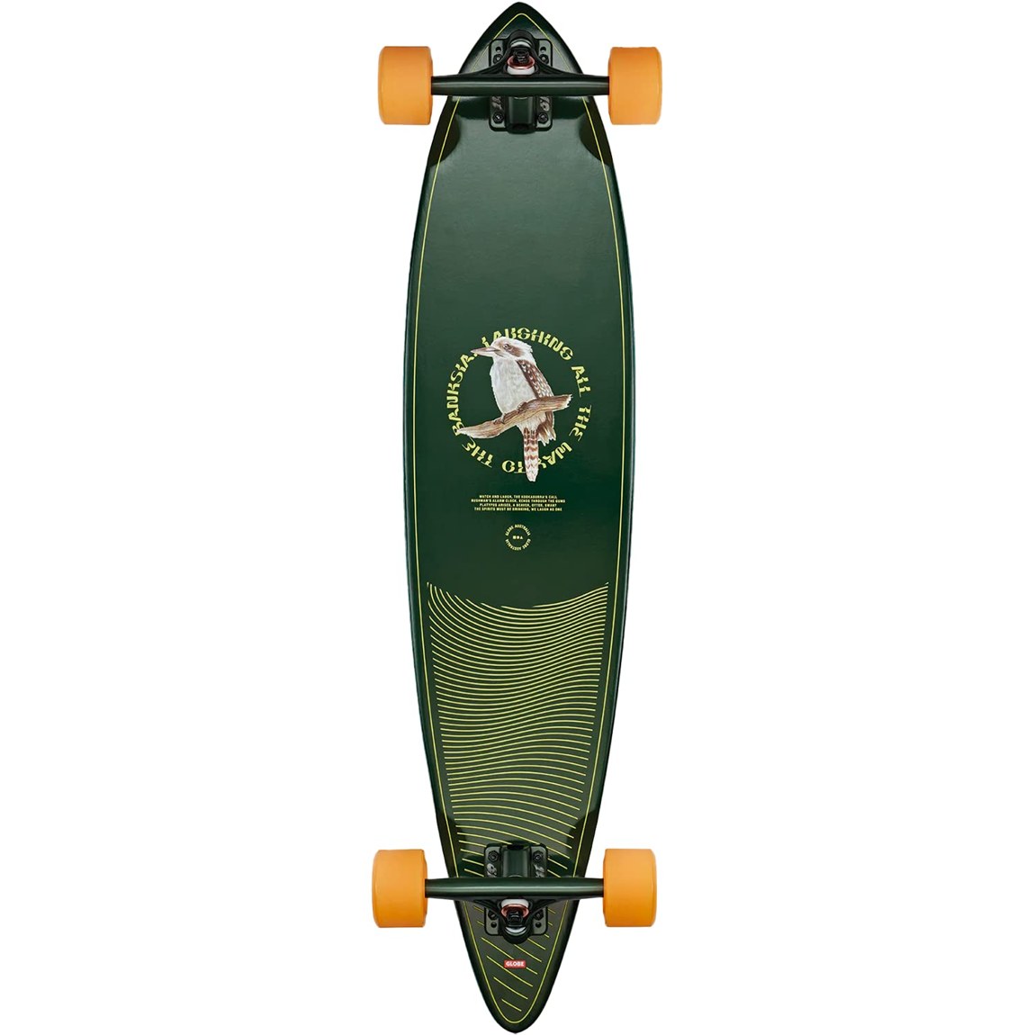 PRODUCT DETAILS Globe Pintail 37 Kookaburra ロングボード コンプリート 8.5x37.5インチ【商品仕様】・ 種別：ロングボード / クルーザー（完成品）・ デッキ幅：8.5インチ（約21.59cm）・ デッキ長：37.5インチ（約95.25cm）・ 構成：デッキ、トラック、ウィール、ベアリング、ボルト・ナット、グリップテープ【特徴】・ クラシックなピンテール形状を採用した、安定感のあるロングスケートボードです。・ 専門スタッフによって組み立てられたコンプリートセットで、届いてすぐに使用可能です。・ ゆったりとしたクルージングや街乗りに適したサイズと形状になっています。・ Kookaburra（ワライカワセミ）のデザインが施されたモデルです。【ご注意】・ 海外並行輸入品のため、付属の説明書がある場合は英語表記となります。 ■ 商品について 海外輸入品（説明書は英語表記の場合あり） ■ ご注意 ・掲載画像は実物に近い色味になるよう調整しておりますが、ご利用の環境により差異が生じる場合があります。・複数店舗で在庫を共有しているため、ご注文後に在庫切れとなる場合がございます。 ■ 納期について お届けの目安を必ずご確認ください。 海外正規ルート仕入れ品 海外ブランド ▼ 海外正規ブランド店 正規代理店 ▼ 当 店 ※本商品は並行輸入品です 製造元は正規品と同一のブランド・メーカーです。当店では海外正規ルートより仕入れた商品を取り扱っております。流通ルートが異なるのみで、商品自体に違いはございません。 ── 当店の商品について ── 正規品のみ取り扱い 海外正規店・正規代理店から商品を直接仕入れ、国内に輸入して販売しております。 日本未入荷・海外限定モデルも多数 日本未入荷・海外限定モデルも多数取り扱っております。サイズ・カラー違いや海外限定で販売された製品など、日本では手に入りにくいアイテムをお届けいたします。 お求めやすい価格の理由 海外市場での価格差や流通ルートの違いにより、国内販売価格よりお求めやすくなっております。品質はそのままに、よりお手頃な価格でお届けいたします。 安心保証 ご使用前に万が一、製品に不具合がございました場合は、交換または商品代金のご返金にて対応させていただきます。商品到着後5日以内にご連絡ください。 ご注意 海外からの輸入品となります。海外輸送のため、外箱に軽微なスレ等がある場合がございますが、商品本体には影響ございません。 ※在庫状況は仕入先の在庫情報をもとに出来る限り正確に表示しておりますが、取寄せ商品のため、タイミングによりご注文後に欠品・キャンセルとなる場合がございます。 お探しの商品がございましたら、お気軽にご相談ください。