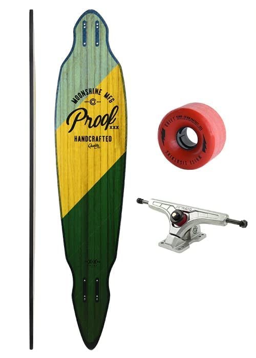 PRODUCT DETAILS Moonshine Manufacturing Proof ロングボード スケートボード コンプリート フリースタイル クルーザー 防水仕様【商品仕様】・ 種別：ロングボード（完成品）・ ブランド：Moonshine Manufacturing・ モデル：Proof・ 素材：垂直積層ウッド、ウレタンレール・ 構成：デッキ、ウィール（コンプリート）・ 用途：フリースタイル、クルージング、街乗り【特徴】・ 垂直積層（バーティカル・ラミネート）構造を採用し、自然なフレックスと高い強度重量比を実現しています。・ デッキ全体を完全に密封した完全防水仕様となっており、水濡れによるボードの反りやダメージを防ぎます。・ 外周にウレタンレールを内蔵することで、衝撃に対する優れた耐久性と保護性能を備えています。・ 軽量な造りでありながら、フリースタイルからクルージングまで幅広く対応するオールラウンドなモデルです。【ご注意】・ 海外並行輸入品のため、付属の説明書がある場合は英語表記となります。 ■ 商品について 海外輸入品（説明書は英語表記の場合あり） ■ ご注意 ・掲載画像は実物に近い色味になるよう調整しておりますが、ご利用の環境により差異が生じる場合があります。・複数店舗で在庫を共有しているため、ご注文後に在庫切れとなる場合がございます。 ■ 納期について お届けの目安を必ずご確認ください。 海外正規ルート仕入れ品 海外ブランド ▼ 海外正規ブランド店 正規代理店 ▼ 当 店 ※本商品は並行輸入品です 製造元は正規品と同一のブランド・メーカーです。当店では海外正規ルートより仕入れた商品を取り扱っております。流通ルートが異なるのみで、商品自体に違いはございません。 ── 当店の商品について ── 正規品のみ取り扱い 海外正規店・正規代理店から商品を直接仕入れ、国内に輸入して販売しております。 日本未入荷・海外限定モデルも多数 日本未入荷・海外限定モデルも多数取り扱っております。サイズ・カラー違いや海外限定で販売された製品など、日本では手に入りにくいアイテムをお届けいたします。 お求めやすい価格の理由 海外市場での価格差や流通ルートの違いにより、国内販売価格よりお求めやすくなっております。品質はそのままに、よりお手頃な価格でお届けいたします。 安心保証 ご使用前に万が一、製品に不具合がございました場合は、交換または商品代金のご返金にて対応させていただきます。商品到着後5日以内にご連絡ください。 ご注意 海外からの輸入品となります。海外輸送のため、外箱に軽微なスレ等がある場合がございますが、商品本体には影響ございません。 ※在庫状況は仕入先の在庫情報をもとに出来る限り正確に表示しておりますが、取寄せ商品のため、タイミングによりご注文後に欠品・キャンセルとなる場合がございます。 お探しの商品がございましたら、お気軽にご相談ください。
