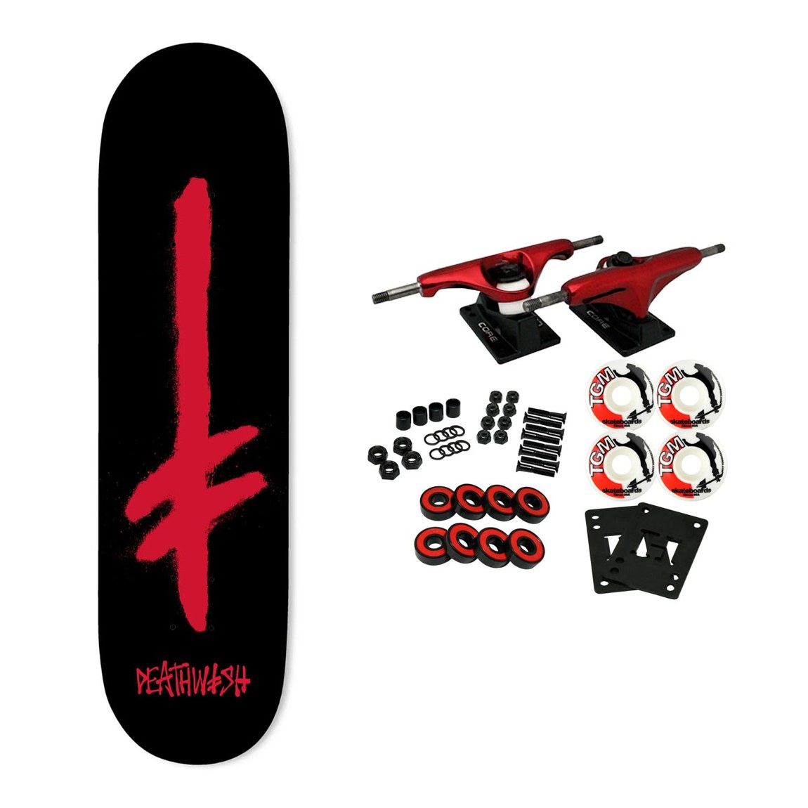 PRODUCT DETAILS Deathwish Gang Spray Black/Red スケートボード コンプリート 8.0インチ 8.0" x 31.5"【商品仕様】・ 種別：スケートボード コンプリート（組み立てキット）・ デッキ幅：8.0インチ（約20.32cm）・ デッキ長さ：31.5インチ（約80.01cm）・ ホイールベース：14.25インチ（約36.2cm）・ 素材：7層ハードロックカナディアンメイプル・ トラック：Core製軽量アルミニウムトラック・ ウィール：52mm 99A（ストリート・パーク兼用）・ ベアリング：Amp ABEC 5・ グリップテープ：Black Diamond【特徴】・ Deathwishのチームモデルデッキを採用した、初心者からプロまで対応するコンプリートセットです。・ 深いコンケーブ（DW Deep Concave）が特徴で、足元のグリップ感と操作性を高める設計となっています。・ 付属のCoreトラックは、グレード8のキングピンとアクスルを採用した高耐久かつ軽量なモデルです。・ ウィールは硬度99Aの52mmサイズで、ストリート走行からスケートパークでの滑走まで幅広く対応します。・ パーツが分かれた状態で届く組み立てキット形式のため、各パーツの構造を学びながらセッティングが可能です。【ご注意】・ 海外並行輸入品のため、付属の説明書がある場合は英語表記となります。 ■ 商品について 海外輸入品（説明書は英語表記の場合あり） ■ ご注意 ・掲載画像は実物に近い色味になるよう調整しておりますが、ご利用の環境により差異が生じる場合があります。・複数店舗で在庫を共有しているため、ご注文後に在庫切れとなる場合がございます。 ■ 納期について お届けの目安を必ずご確認ください。 海外正規ルート仕入れ品 海外ブランド ▼ 海外正規ブランド店 正規代理店 ▼ 当 店 ※本商品は並行輸入品です 製造元は正規品と同一のブランド・メーカーです。当店では海外正規ルートより仕入れた商品を取り扱っております。流通ルートが異なるのみで、商品自体に違いはございません。 ── 当店の商品について ── 正規品のみ取り扱い 海外正規店・正規代理店から商品を直接仕入れ、国内に輸入して販売しております。 日本未入荷・海外限定モデルも多数 日本未入荷・海外限定モデルも多数取り扱っております。サイズ・カラー違いや海外限定で販売された製品など、日本では手に入りにくいアイテムをお届けいたします。 お求めやすい価格の理由 海外市場での価格差や流通ルートの違いにより、国内販売価格よりお求めやすくなっております。品質はそのままに、よりお手頃な価格でお届けいたします。 安心保証 ご使用前に万が一、製品に不具合がございました場合は、交換または商品代金のご返金にて対応させていただきます。商品到着後5日以内にご連絡ください。 ご注意 海外からの輸入品となります。海外輸送のため、外箱に軽微なスレ等がある場合がございますが、商品本体には影響ございません。 ※在庫状況は仕入先の在庫情報をもとに出来る限り正確に表示しておりますが、取寄せ商品のため、タイミングによりご注文後に欠品・キャンセルとなる場合がございます。 お探しの商品がございましたら、お気軽にご相談ください。