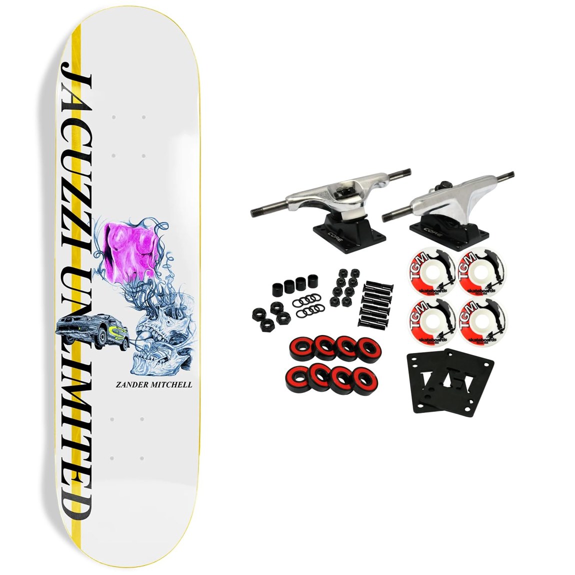 PRODUCT DETAILS Jacuzzi Unlimited Zander Race Car コンプリート スケートボード 8.125" x 32"【商品仕様】・ 種別：コンプリートスケートボード（要組立て）・ デッキ幅：8.125インチ（約20.64cm）・ デッキ長さ：32インチ（約81.28cm）・ ホイールベース：14.25インチ（約36.20cm）・ 素材：北米産メイプル（7枚合板、エポキシ接着）・ トラック：Core製軽量アルミニウムトラック・ ウィール：52mm 99A（TGMロゴ入り）・ ベアリング：Amp ABEC 5（合成オイル・ラバーシールド仕様）・ その他：Black Diamond グリップテープ、ライザーパッド、ハードウェア付属【特徴】・ メロウコンケーブに強めのキック（Steep Kick）を組み合わせた形状です。・ ストリートからパークライディングまで幅広く対応する硬度99Aのウィールを採用しています。・ トラックはグレード8のスチール製キングピンとアクスル、USA製ブッシュを使用しており耐久性を備えています。・ パーツがセットになった未組み立ての状態でお届けするため、好みのセッティングでの構築が可能です。・ 初心者からプロレベルまで、あらゆるスキルレベルのスケーターに適した構成です。【ご注意】・ 海外並行輸入品のため、付属の説明書がある場合は英語表記となります。 ■ 商品について 海外輸入品（説明書は英語表記の場合あり） ■ ご注意 ・掲載画像は実物に近い色味になるよう調整しておりますが、ご利用の環境により差異が生じる場合があります。・複数店舗で在庫を共有しているため、ご注文後に在庫切れとなる場合がございます。 ■ 納期について お届けの目安を必ずご確認ください。 海外正規ルート仕入れ品 海外ブランド ▼ 海外正規ブランド店 正規代理店 ▼ 当 店 ※本商品は並行輸入品です 製造元は正規品と同一のブランド・メーカーです。当店では海外正規ルートより仕入れた商品を取り扱っております。流通ルートが異なるのみで、商品自体に違いはございません。 ── 当店の商品について ── 正規品のみ取り扱い 海外正規店・正規代理店から商品を直接仕入れ、国内に輸入して販売しております。 日本未入荷・海外限定モデルも多数 日本未入荷・海外限定モデルも多数取り扱っております。サイズ・カラー違いや海外限定で販売された製品など、日本では手に入りにくいアイテムをお届けいたします。 お求めやすい価格の理由 海外市場での価格差や流通ルートの違いにより、国内販売価格よりお求めやすくなっております。品質はそのままに、よりお手頃な価格でお届けいたします。 安心保証 ご使用前に万が一、製品に不具合がございました場合は、交換または商品代金のご返金にて対応させていただきます。商品到着後5日以内にご連絡ください。 ご注意 海外からの輸入品となります。海外輸送のため、外箱に軽微なスレ等がある場合がございますが、商品本体には影響ございません。 ※在庫状況は仕入先の在庫情報をもとに出来る限り正確に表示しておりますが、取寄せ商品のため、タイミングによりご注文後に欠品・キャンセルとなる場合がございます。 お探しの商品がございましたら、お気軽にご相談ください。