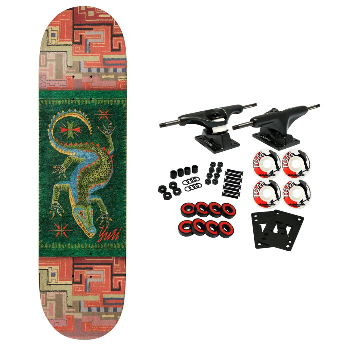 PRODUCT DETAILS Deathwish Yuri Facchini Carpet スケートボード コンプリート 8.5インチ x 31.75インチ【商品仕様】・ 種別：スケートボード コンプリート（パーツセット・未組み立てキット）・ デッキ幅：8.5インチ（約21.59cm）・ デッキ長さ：31.75インチ（約80.65cm）・ ホイールベース：14.28インチ（約36.27cm）・ 素材：7層北米産メイプル・ トラック：Core製軽量アルミトラック・ ウィール：52mm 99A（ストリート・パーク向け）・ ベアリング：Amp ABEC 5・ セット内容：デッキ、トラック、ウィール、ベアリング、グリップテープ、ライザーパッド、ハードウェア【特徴】・ 7層の北米産メイプル材を使用した耐久性の高いデッキ構成です。・ Core製の軽量アルミトラックと、ストリートやパークに適した硬度99Aの52mmウィールを組み合わせています。・ ABEC 5規格のAmpベアリングは、メンテナンスのしやすいラバーシールドを採用した仕様です。・ 各パーツがバラバラの状態で届く未組み立てキットのため、自分の手で組み上げることが可能です。・ 初心者からプロレベルまで、幅広いスキルレベルの方に対応した設計となっています。【ご注意】・ 海外並行輸入品のため、付属の説明書がある場合は英語表記となります。 ■ 商品について 海外輸入品（説明書は英語表記の場合あり） ■ ご注意 ・掲載画像は実物に近い色味になるよう調整しておりますが、ご利用の環境により差異が生じる場合があります。・複数店舗で在庫を共有しているため、ご注文後に在庫切れとなる場合がございます。 ■ 納期について お届けの目安を必ずご確認ください。 海外正規ルート仕入れ品 海外ブランド ▼ 海外正規ブランド店 正規代理店 ▼ 当 店 ※本商品は並行輸入品です 製造元は正規品と同一のブランド・メーカーです。当店では海外正規ルートより仕入れた商品を取り扱っております。流通ルートが異なるのみで、商品自体に違いはございません。 ── 当店の商品について ── 正規品のみ取り扱い 海外正規店・正規代理店から商品を直接仕入れ、国内に輸入して販売しております。 日本未入荷・海外限定モデルも多数 日本未入荷・海外限定モデルも多数取り扱っております。サイズ・カラー違いや海外限定で販売された製品など、日本では手に入りにくいアイテムをお届けいたします。 お求めやすい価格の理由 海外市場での価格差や流通ルートの違いにより、国内販売価格よりお求めやすくなっております。品質はそのままに、よりお手頃な価格でお届けいたします。 安心保証 ご使用前に万が一、製品に不具合がございました場合は、交換または商品代金のご返金にて対応させていただきます。商品到着後5日以内にご連絡ください。 ご注意 海外からの輸入品となります。海外輸送のため、外箱に軽微なスレ等がある場合がございますが、商品本体には影響ございません。 ※在庫状況は仕入先の在庫情報をもとに出来る限り正確に表示しておりますが、取寄せ商品のため、タイミングによりご注文後に欠品・キャンセルとなる場合がございます。 お探しの商品がございましたら、お気軽にご相談ください。