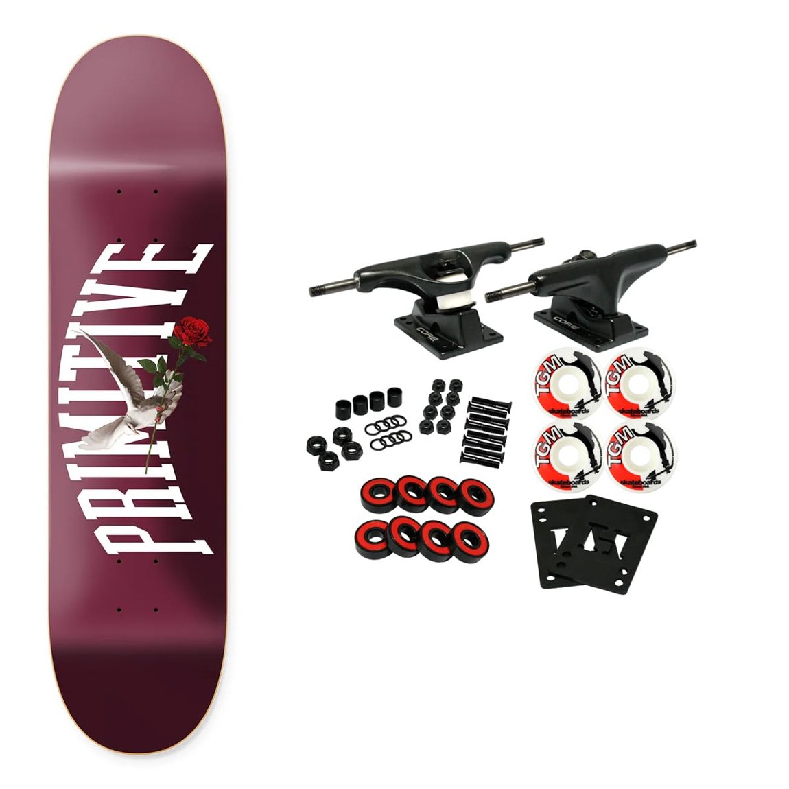 PRODUCT DETAILS Primitive Messenger Maroon スケートボード コンプリート 7.75" x 31.05"【商品仕様】・ 種別：スケートボード コンプリート（未組み立て品）・ デッキ幅：7.75インチ（約19.69cm）・ デッキ長：31.05インチ（約78.87cm）・ ホイールベース：14インチ（約35.56cm）・ 素材：7層北米ハードロックメイプル・ トラック：Core社製 アルミ製トラック・ ウィール：52mm 99A・ ベアリング：Amp Bearings (ABEC 5相当)【特徴】・ 初心者からプロまで、あらゆるスキルレベルに対応したコンプリートセットです。・ 強度の高い北米産のハードロックメイプルを使用した、ミディアムコンケーブのデッキです。・ ウィールは52mm 99Aの硬度を採用しており、ストリートとパークの両方の滑走に適しています。・ 軽量なアルミ製トラックや合成オイルを使用したAmpベアリングなど、機能性を重視したパーツ構成です。・ 本商品はパーツごとの状態で届く未組み立て品のため、自分好みのセッティングで組み上げることが可能です。【ご注意】・ 海外並行輸入品のため、付属の説明書がある場合は英語表記となります。 ■ 商品について 海外輸入品（説明書は英語表記の場合あり） ■ ご注意 ・掲載画像は実物に近い色味になるよう調整しておりますが、ご利用の環境により差異が生じる場合があります。・複数店舗で在庫を共有しているため、ご注文後に在庫切れとなる場合がございます。 ■ 納期について お届けの目安を必ずご確認ください。 海外正規ルート仕入れ品 海外ブランド ▼ 海外正規ブランド店 正規代理店 ▼ 当 店 ※本商品は並行輸入品です 製造元は正規品と同一のブランド・メーカーです。当店では海外正規ルートより仕入れた商品を取り扱っております。流通ルートが異なるのみで、商品自体に違いはございません。 ── 当店の商品について ── 正規品のみ取り扱い 海外正規店・正規代理店から商品を直接仕入れ、国内に輸入して販売しております。 日本未入荷・海外限定モデルも多数 日本未入荷・海外限定モデルも多数取り扱っております。サイズ・カラー違いや海外限定で販売された製品など、日本では手に入りにくいアイテムをお届けいたします。 お求めやすい価格の理由 海外市場での価格差や流通ルートの違いにより、国内販売価格よりお求めやすくなっております。品質はそのままに、よりお手頃な価格でお届けいたします。 安心保証 ご使用前に万が一、製品に不具合がございました場合は、交換または商品代金のご返金にて対応させていただきます。商品到着後5日以内にご連絡ください。 ご注意 海外からの輸入品となります。海外輸送のため、外箱に軽微なスレ等がある場合がございますが、商品本体には影響ございません。 ※在庫状況は仕入先の在庫情報をもとに出来る限り正確に表示しておりますが、取寄せ商品のため、タイミングによりご注文後に欠品・キャンセルとなる場合がございます。 お探しの商品がございましたら、お気軽にご相談ください。
