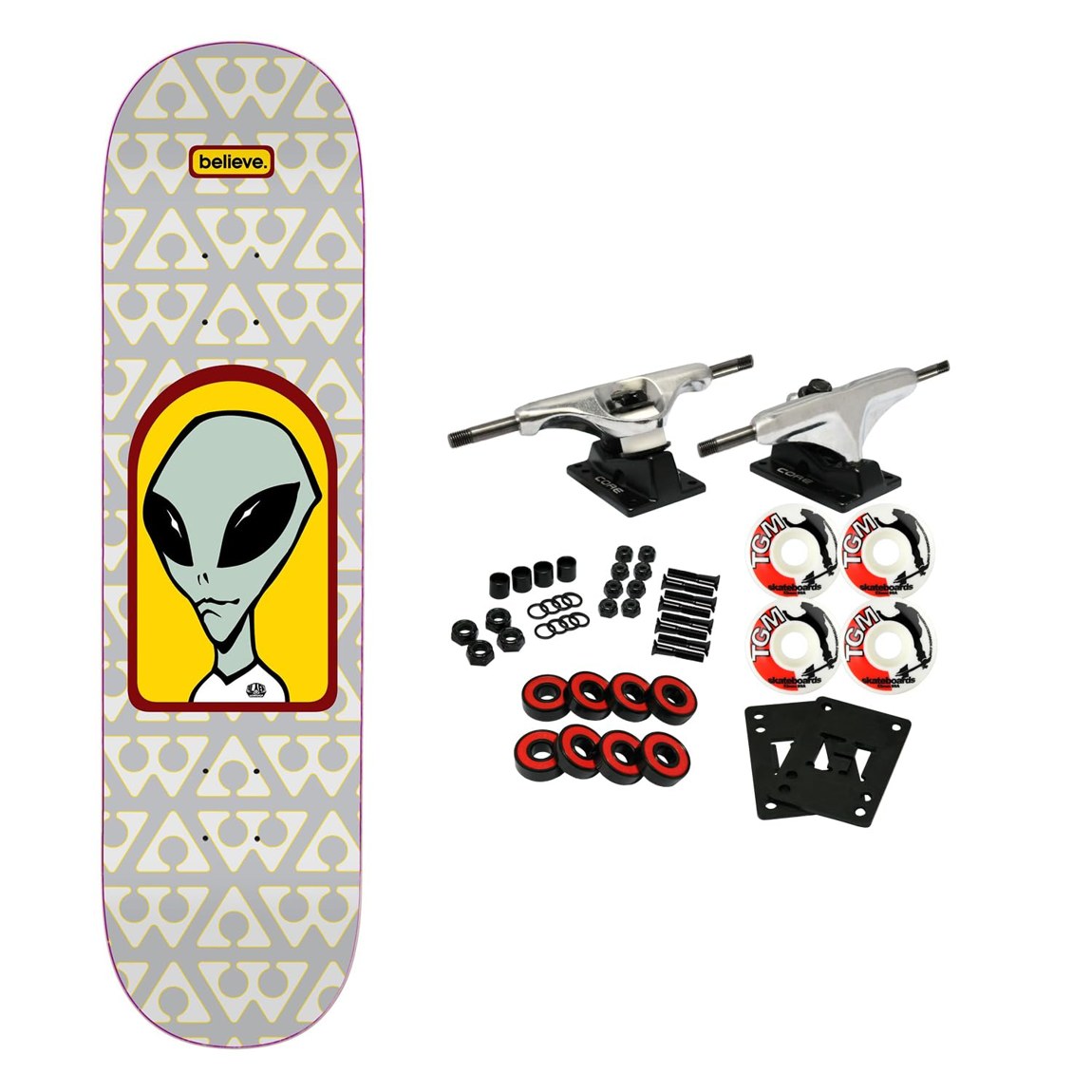 PRODUCT DETAILS Alien Workshop Believe Pattern Grey スケートボード コンプリート 8.625" x 32.375"【商品仕様】・ 種別：スケートボード コンプリート（要組立て）・ デッキサイズ：8.625インチ（約21.9cm）× 32.375インチ（約82.2cm）・ ホイールベース：14.75インチ（約37.5cm）・ 素材：7層北米産メイプル・ トラック：Core製アルミトラック（グレード8スチールキングピン）・ ウィール：52mm 99A（ストリート・パーク向け）・ ベアリング：Amp ABEC5（シンセティックオイル、ラバーシールド仕様）・ 対象：初心者からプロまで【特徴】・ 北米産メイプルを7層に重ねたBBS製造のデッキに、Versa Shapeを採用しています。・ 軽量なアルミ製Coreトラックに、USA製のブッシュとピボットカップを搭載しています。・ 52mm/99Aのウィールは、ストリートからスケートパークまで幅広い路面に対応可能です。・ Ampベアリングはシンセティックオイルを使用し、スムーズな回転を実現しています。・ 本製品は未組み立ての状態でのお届けとなるため、ご自身でパーツを組み上げる楽しみを味わえます。【ご注意】・ 海外並行輸入品のため、付属の説明書がある場合は英語表記となります。 ■ 商品について 海外輸入品（説明書は英語表記の場合あり） ■ ご注意 ・掲載画像は実物に近い色味になるよう調整しておりますが、ご利用の環境により差異が生じる場合があります。・複数店舗で在庫を共有しているため、ご注文後に在庫切れとなる場合がございます。 ■ 納期について お届けの目安を必ずご確認ください。 海外正規ルート仕入れ品 海外ブランド ▼ 海外正規ブランド店 正規代理店 ▼ 当 店 ※本商品は並行輸入品です 製造元は正規品と同一のブランド・メーカーです。当店では海外正規ルートより仕入れた商品を取り扱っております。流通ルートが異なるのみで、商品自体に違いはございません。 ── 当店の商品について ── 正規品のみ取り扱い 海外正規店・正規代理店から商品を直接仕入れ、国内に輸入して販売しております。 日本未入荷・海外限定モデルも多数 日本未入荷・海外限定モデルも多数取り扱っております。サイズ・カラー違いや海外限定で販売された製品など、日本では手に入りにくいアイテムをお届けいたします。 お求めやすい価格の理由 海外市場での価格差や流通ルートの違いにより、国内販売価格よりお求めやすくなっております。品質はそのままに、よりお手頃な価格でお届けいたします。 安心保証 ご使用前に万が一、製品に不具合がございました場合は、交換または商品代金のご返金にて対応させていただきます。商品到着後5日以内にご連絡ください。 ご注意 海外からの輸入品となります。海外輸送のため、外箱に軽微なスレ等がある場合がございますが、商品本体には影響ございません。 ※在庫状況は仕入先の在庫情報をもとに出来る限り正確に表示しておりますが、取寄せ商品のため、タイミングによりご注文後に欠品・キャンセルとなる場合がございます。 お探しの商品がございましたら、お気軽にご相談ください。