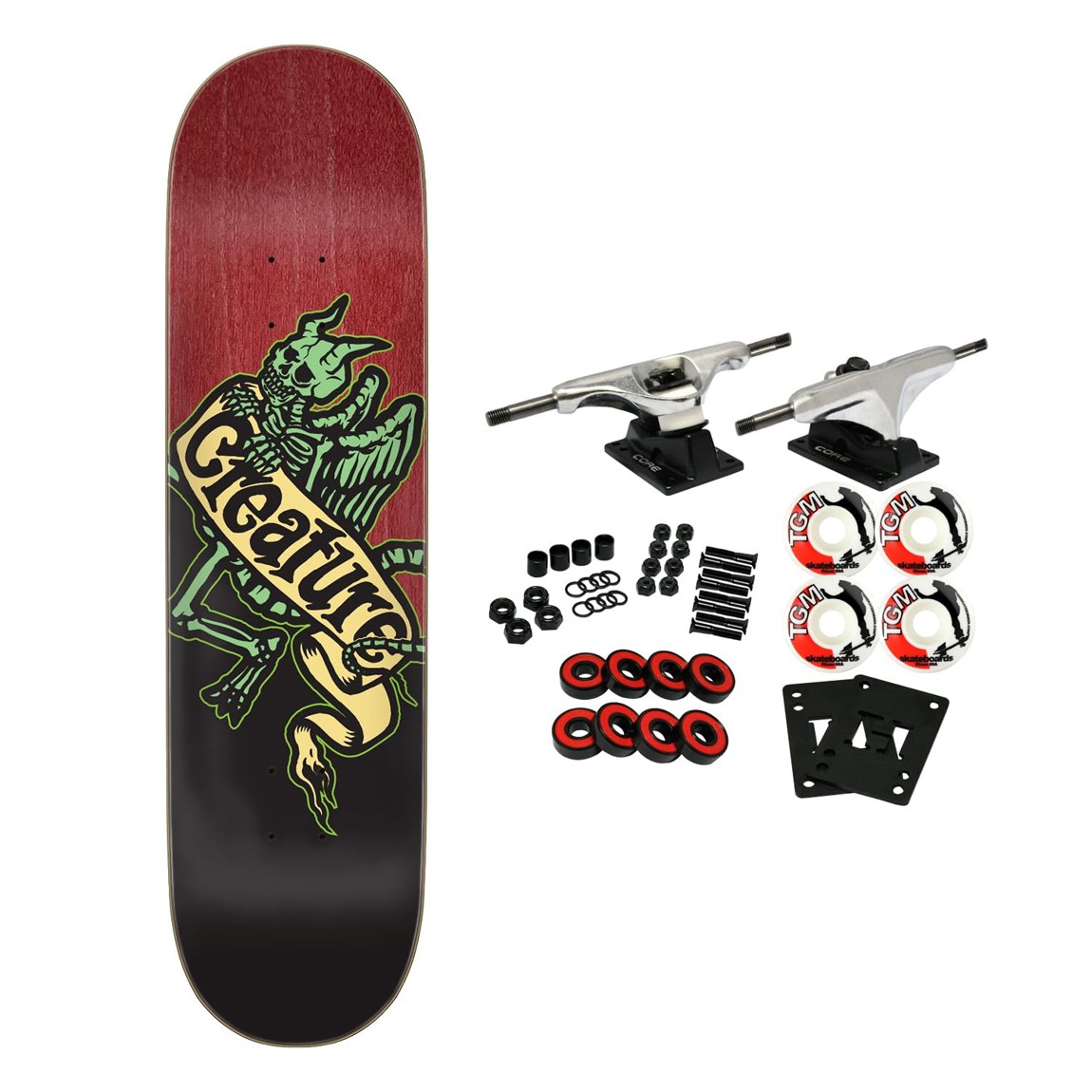 PRODUCT DETAILS Creature Imp Relic Stumps スケートボード コンプリート 8.13" x 31.45" 組み立てキット【商品仕様】・ 種別：スケートボード コンプリート（未組み立てセット）・ デッキ幅：8.13インチ（約20.65cm）・ デッキ長さ：31.45インチ（約79.88cm）・ ホイールベース：14インチ（約35.56cm）・ デッキ素材：7層北米産ハードウッド・ トラック：Core製アルミトラック（グレード8スチールキングピン、USA製ブッシュ採用）・ ウィール：52mm 99A（ストリート・パーク向け）・ ベアリング：Amp ABEC 5（合成オイル、ゴムシールド仕様）【特徴】・ 90年代のMojoによるクラシックなImp Relicデザインを、Stump仕様のデッキに採用したモデルです。・ 7層の北米産ハードウッドを独自の架橋接着剤でプレスし、耐久性を備えた構成となっています。・ あらゆるスキルレベルに対応するATVコンケーブ形状を採用しています。・ 本製品はパーツが組み合わされていない状態で届くため、好みに合わせた調整や組み立て作業が可能です。・ ストリートからパーク走行まで幅広く対応するパーツ構成となっています。【ご注意】・ 海外並行輸入品のため、付属の説明書がある場合は英語表記となります。 ■ 商品について 海外輸入品（説明書は英語表記の場合あり） ■ ご注意 ・掲載画像は実物に近い色味になるよう調整しておりますが、ご利用の環境により差異が生じる場合があります。・複数店舗で在庫を共有しているため、ご注文後に在庫切れとなる場合がございます。 ■ 納期について お届けの目安を必ずご確認ください。 海外正規ルート仕入れ品 海外ブランド ▼ 海外正規ブランド店 正規代理店 ▼ 当 店 ※本商品は並行輸入品です 製造元は正規品と同一のブランド・メーカーです。当店では海外正規ルートより仕入れた商品を取り扱っております。流通ルートが異なるのみで、商品自体に違いはございません。 ── 当店の商品について ── 正規品のみ取り扱い 海外正規店・正規代理店から商品を直接仕入れ、国内に輸入して販売しております。 日本未入荷・海外限定モデルも多数 日本未入荷・海外限定モデルも多数取り扱っております。サイズ・カラー違いや海外限定で販売された製品など、日本では手に入りにくいアイテムをお届けいたします。 お求めやすい価格の理由 海外市場での価格差や流通ルートの違いにより、国内販売価格よりお求めやすくなっております。品質はそのままに、よりお手頃な価格でお届けいたします。 安心保証 ご使用前に万が一、製品に不具合がございました場合は、交換または商品代金のご返金にて対応させていただきます。商品到着後5日以内にご連絡ください。 ご注意 海外からの輸入品となります。海外輸送のため、外箱に軽微なスレ等がある場合がございますが、商品本体には影響ございません。 ※在庫状況は仕入先の在庫情報をもとに出来る限り正確に表示しておりますが、取寄せ商品のため、タイミングによりご注文後に欠品・キャンセルとなる場合がございます。 お探しの商品がございましたら、お気軽にご相談ください。