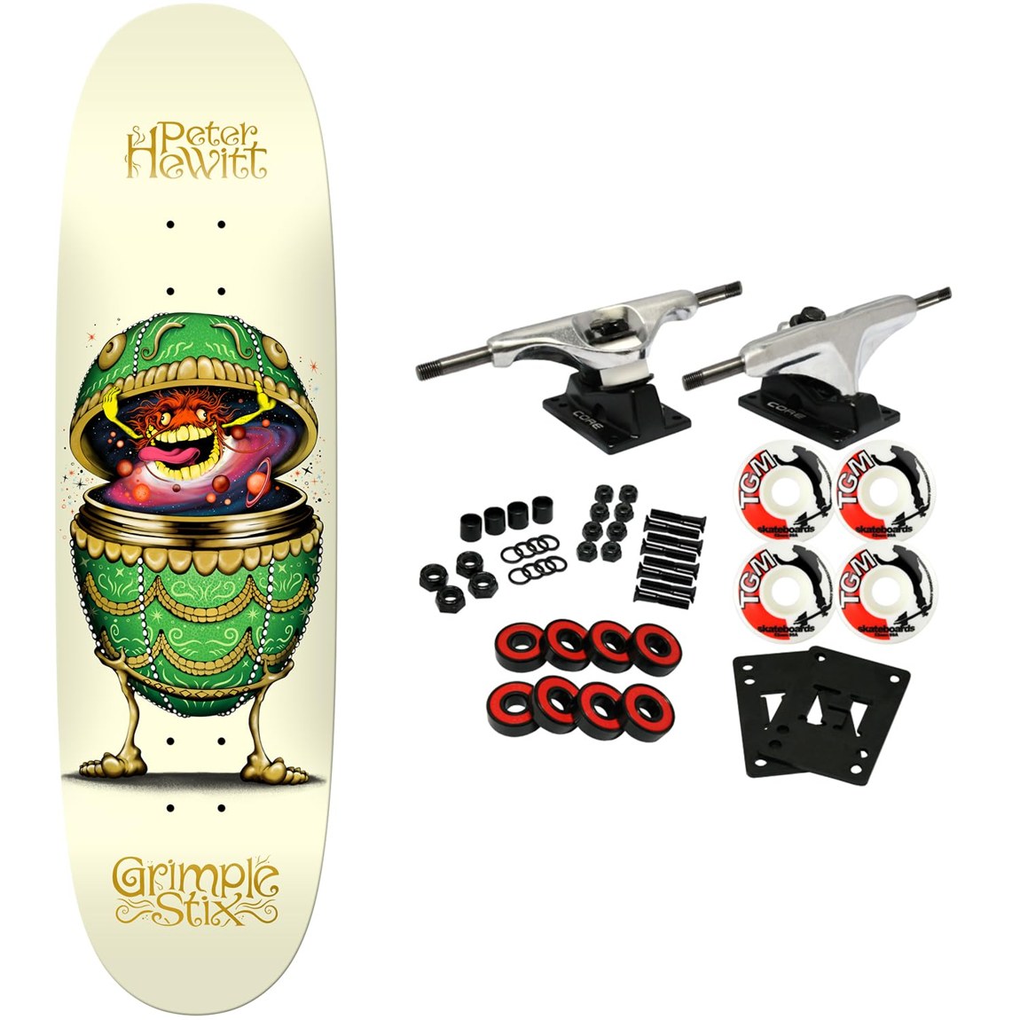PRODUCT DETAILS Anti Hero Hewitt Grimplstix Fab Egg スケートボード コンプリート 8.75インチ x 31.5インチ【商品仕様】・ 種別：スケートボード コンプリート（組み立てキット）・ デッキ幅：8.75インチ（約22.23cm）・ デッキ長：31.5インチ（約80.01cm）・ ホイールベース：14.25インチ（約36.20cm）・ デッキ素材：7層北米産メイプル・ トラック：Coreトラック（アルミ製、スチール製キングピン）・ ウィール：52mm 99A（ストリート・パーク向け）・ ベアリング：Amp Bearings (ABEC 5)・ 対象：初心者からプロレベルまで【特徴】・ Peter HewittプロモデルのGrimplstixグラフィックを採用したFab Egg形状のデッキです。・ デッキ本体に加え、軽量なCoreトラックとAmpベアリングがセットになったコンプリートキットです。・ 52mm 99Aのウィールを採用しており、ストリート走行とパークライディングの両方に適しています。・ 各パーツがバラの状態で届くため、自分自身で組み立てる楽しみがあるセット内容です。・ 耐久性の高い北米産メイプルを使用しており、あらゆるスキルレベルのスケーターに対応します。【ご注意】・ 海外並行輸入品のため、付属の説明書がある場合は英語表記となります。 ■ 商品について 海外輸入品（説明書は英語表記の場合あり） ■ ご注意 ・掲載画像は実物に近い色味になるよう調整しておりますが、ご利用の環境により差異が生じる場合があります。・複数店舗で在庫を共有しているため、ご注文後に在庫切れとなる場合がございます。 ■ 納期について お届けの目安を必ずご確認ください。 海外正規ルート仕入れ品 海外ブランド ▼ 海外正規ブランド店 正規代理店 ▼ 当 店 ※本商品は並行輸入品です 製造元は正規品と同一のブランド・メーカーです。当店では海外正規ルートより仕入れた商品を取り扱っております。流通ルートが異なるのみで、商品自体に違いはございません。 ── 当店の商品について ── 正規品のみ取り扱い 海外正規店・正規代理店から商品を直接仕入れ、国内に輸入して販売しております。 日本未入荷・海外限定モデルも多数 日本未入荷・海外限定モデルも多数取り扱っております。サイズ・カラー違いや海外限定で販売された製品など、日本では手に入りにくいアイテムをお届けいたします。 お求めやすい価格の理由 海外市場での価格差や流通ルートの違いにより、国内販売価格よりお求めやすくなっております。品質はそのままに、よりお手頃な価格でお届けいたします。 安心保証 ご使用前に万が一、製品に不具合がございました場合は、交換または商品代金のご返金にて対応させていただきます。商品到着後5日以内にご連絡ください。 ご注意 海外からの輸入品となります。海外輸送のため、外箱に軽微なスレ等がある場合がございますが、商品本体には影響ございません。 ※在庫状況は仕入先の在庫情報をもとに出来る限り正確に表示しておりますが、取寄せ商品のため、タイミングによりご注文後に欠品・キャンセルとなる場合がございます。 お探しの商品がございましたら、お気軽にご相談ください。
