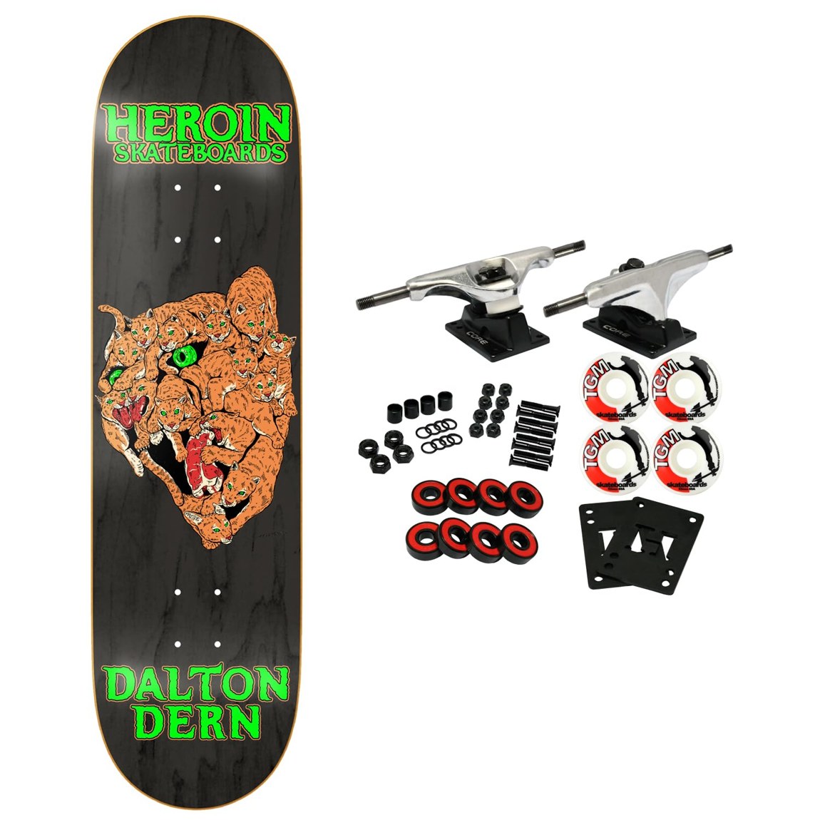PRODUCT DETAILS Heroin Dalton Dern Panther スケートボード コンプリート 8.5インチ デッキ幅 8.5" x 32"【商品仕様】・ 種別：スケートボード コンプリート（完成品・未組み立て）・ デッキ幅：8.5インチ（約21.59cm）・ 長さ：32インチ（約81.28cm）・ ホイールベース：14.38インチ（約36.52cm）・ デッキ素材：7層北米産メイプル・ トラック：Coreトラック（アルミニウム製）・ ウィール：52mm 99A・ ベアリング：Amp ABEC 5相当【特徴】・ Dalton Dern プロモデルの Panther グラフィックを採用したスケートボードセットです。・ デッキのボトム面は、木目が透けて見えるアソートカラーのステイン仕上げとなっています。・ ストリートからパークまで対応可能な52mm 99Aウィールが付属します。・ 初心者からプロまで、あらゆるスキルレベルの方に適した構成です。・ パーツごとの状態で届くため、ご自身で組み立ててセッティングを楽しむことができます。【ご注意】・ 海外並行輸入品のため、付属の説明書がある場合は英語表記となります。 ■ 商品について 海外輸入品（説明書は英語表記の場合あり） ■ ご注意 ・掲載画像は実物に近い色味になるよう調整しておりますが、ご利用の環境により差異が生じる場合があります。・複数店舗で在庫を共有しているため、ご注文後に在庫切れとなる場合がございます。 ■ 納期について お届けの目安を必ずご確認ください。 海外正規ルート仕入れ品 海外ブランド ▼ 海外正規ブランド店 正規代理店 ▼ 当 店 ※本商品は並行輸入品です 製造元は正規品と同一のブランド・メーカーです。当店では海外正規ルートより仕入れた商品を取り扱っております。流通ルートが異なるのみで、商品自体に違いはございません。 ── 当店の商品について ── 正規品のみ取り扱い 海外正規店・正規代理店から商品を直接仕入れ、国内に輸入して販売しております。 日本未入荷・海外限定モデルも多数 日本未入荷・海外限定モデルも多数取り扱っております。サイズ・カラー違いや海外限定で販売された製品など、日本では手に入りにくいアイテムをお届けいたします。 お求めやすい価格の理由 海外市場での価格差や流通ルートの違いにより、国内販売価格よりお求めやすくなっております。品質はそのままに、よりお手頃な価格でお届けいたします。 安心保証 ご使用前に万が一、製品に不具合がございました場合は、交換または商品代金のご返金にて対応させていただきます。商品到着後5日以内にご連絡ください。 ご注意 海外からの輸入品となります。海外輸送のため、外箱に軽微なスレ等がある場合がございますが、商品本体には影響ございません。 ※在庫状況は仕入先の在庫情報をもとに出来る限り正確に表示しておりますが、取寄せ商品のため、タイミングによりご注文後に欠品・キャンセルとなる場合がございます。 お探しの商品がございましたら、お気軽にご相談ください。