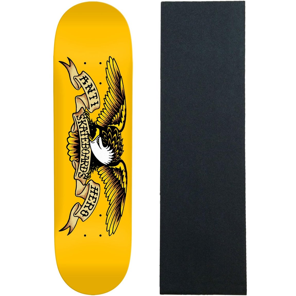 PRODUCT DETAILS Anti Hero Basalt DBX Eagle スケートボード デッキ 8.25インチ 8.25" グリップテープ付き【商品仕様】・ 種別：スケートボード デッキ (グリップテープ付属)・ デッキ幅：8.25インチ (約20.96cm)・ デッキ長さ：32インチ (約81.28cm)・ ホイールベース：14.38インチ (約36.53cm)・ 素材：メイプル、バサルトファイバー（玄武岩繊維）・ 構成：DBX構造（3層バサルト、6層ベニヤ）【特徴】・ 玄武岩繊維を使用したDBX構造により、標準的な木製デッキに比べ、軽量で薄いながらも強度を高めた設計です。・ 高い反発力（ポップ）と操作時のレスポンスを重視し、長期間パフォーマンスを維持するよう構成されています。・ 個別の金型を用いたシングルモールドプレスにより、正確なスペックと形状を実現しています。・ Black Diamondブランドのブラックグリップテープが1枚付属しています。【ご注意】・ 海外並行輸入品のため、付属の説明書がある場合は英語表記となります。 ■ 商品について 海外輸入品（説明書は英語表記の場合あり） ■ ご注意 ・掲載画像は実物に近い色味になるよう調整しておりますが、ご利用の環境により差異が生じる場合があります。・複数店舗で在庫を共有しているため、ご注文後に在庫切れとなる場合がございます。 ■ 納期について お届けの目安を必ずご確認ください。 海外正規ルート仕入れ品 海外ブランド ▼ 海外正規ブランド店 正規代理店 ▼ 当 店 ※本商品は並行輸入品です 製造元は正規品と同一のブランド・メーカーです。当店では海外正規ルートより仕入れた商品を取り扱っております。流通ルートが異なるのみで、商品自体に違いはございません。 ── 当店の商品について ── 正規品のみ取り扱い 海外正規店・正規代理店から商品を直接仕入れ、国内に輸入して販売しております。 日本未入荷・海外限定モデルも多数 日本未入荷・海外限定モデルも多数取り扱っております。サイズ・カラー違いや海外限定で販売された製品など、日本では手に入りにくいアイテムをお届けいたします。 お求めやすい価格の理由 海外市場での価格差や流通ルートの違いにより、国内販売価格よりお求めやすくなっております。品質はそのままに、よりお手頃な価格でお届けいたします。 安心保証 ご使用前に万が一、製品に不具合がございました場合は、交換または商品代金のご返金にて対応させていただきます。商品到着後5日以内にご連絡ください。 ご注意 海外からの輸入品となります。海外輸送のため、外箱に軽微なスレ等がある場合がございますが、商品本体には影響ございません。 ※在庫状況は仕入先の在庫情報をもとに出来る限り正確に表示しておりますが、取寄せ商品のため、タイミングによりご注文後に欠品・キャンセルとなる場合がございます。 お探しの商品がございましたら、お気軽にご相談ください。