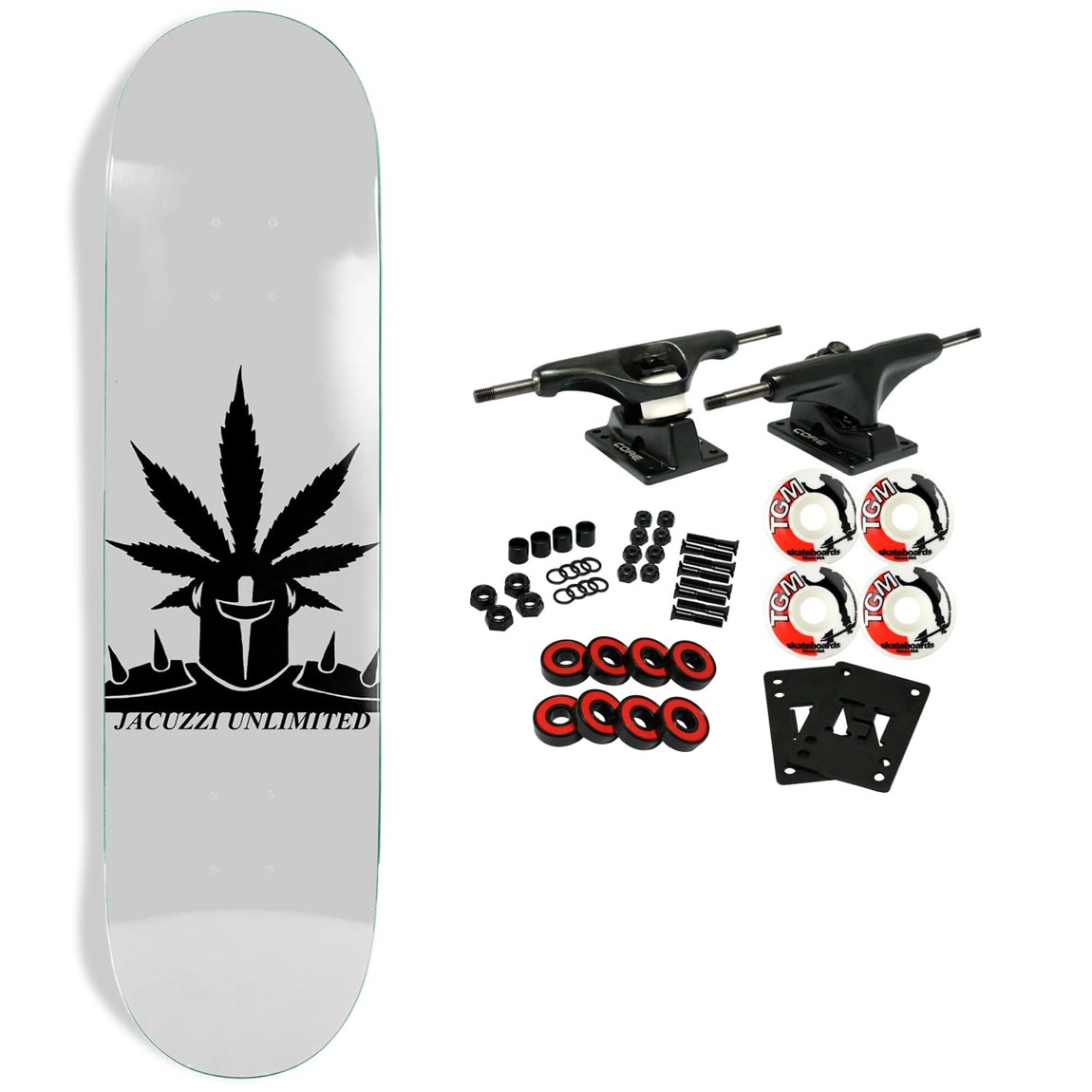 PRODUCT DETAILS Jacuzzi Unlimited Weedstar スケートボード コンプリート 8.25" x 31.5" 組み立てキット【商品仕様】・ 種別：スケートボード コンプリート（未組み立てキット）・ デッキサイズ：8.25インチ×31.5インチ（約20.9cm×80.0cm）・ ホイールベース：14.25インチ（約36.2cm）・ デッキ素材：7プライ 100%北米産メイプル、エポキシ接着・ トラック：Core社製 アルミニウム、スチール製キングピン・アクスル・ ウィール：52mm 99A（ストリート・パーク向け）・ ベアリング：Amp社製 Abec 5・ 対象：初心者からプロまで【特徴】・ デッキにはメロウコンケーブとスチープキックが採用されており、トップ面にはカラーベニヤが使用されています。・ 軽量で耐久性に優れたCore社製のアルミニウムトラックに、米国製ブッシュとピボットカップを装備しています。・ ウィールはストリートとパークの両方の滑走に対応した52mm 99Aを採用しています。・ ベアリングには合成オイル、デルリンクラウン、ラバーシールドが採用されたメンテナンス可能な仕様です。・ 未組み立ての状態で届くため、各パーツの構造を確認しながら自身でセットアップを行うことが可能です。【ご注意】・ 海外並行輸入品のため、付属の説明書がある場合は英語表記となります。 ■ 商品について 海外輸入品（説明書は英語表記の場合あり） ■ ご注意 ・掲載画像は実物に近い色味になるよう調整しておりますが、ご利用の環境により差異が生じる場合があります。・複数店舗で在庫を共有しているため、ご注文後に在庫切れとなる場合がございます。 ■ 納期について お届けの目安を必ずご確認ください。 海外正規ルート仕入れ品 海外ブランド ▼ 海外正規ブランド店 正規代理店 ▼ 当 店 ※本商品は並行輸入品です 製造元は正規品と同一のブランド・メーカーです。当店では海外正規ルートより仕入れた商品を取り扱っております。流通ルートが異なるのみで、商品自体に違いはございません。 ── 当店の商品について ── 正規品のみ取り扱い 海外正規店・正規代理店から商品を直接仕入れ、国内に輸入して販売しております。 日本未入荷・海外限定モデルも多数 日本未入荷・海外限定モデルも多数取り扱っております。サイズ・カラー違いや海外限定で販売された製品など、日本では手に入りにくいアイテムをお届けいたします。 お求めやすい価格の理由 海外市場での価格差や流通ルートの違いにより、国内販売価格よりお求めやすくなっております。品質はそのままに、よりお手頃な価格でお届けいたします。 安心保証 ご使用前に万が一、製品に不具合がございました場合は、交換または商品代金のご返金にて対応させていただきます。商品到着後5日以内にご連絡ください。 ご注意 海外からの輸入品となります。海外輸送のため、外箱に軽微なスレ等がある場合がございますが、商品本体には影響ございません。 ※在庫状況は仕入先の在庫情報をもとに出来る限り正確に表示しておりますが、取寄せ商品のため、タイミングによりご注文後に欠品・キャンセルとなる場合がございます。 お探しの商品がございましたら、お気軽にご相談ください。