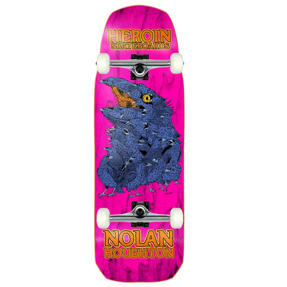 PRODUCT DETAILS Heroin Nolan Houghton Crow スケートボード コンプリート 9.9" x 30.5"【商品仕様】・ 種別：スケートボード コンプリート（完成品）・ デッキ幅：9.9インチ（約25.15cm）・ デッキ長さ：30.5インチ（約77.47cm）・ ホイールベース：14.25インチ（約36.20cm）・ デッキ素材：7層北米メイプル・ トラック：Core社製 高耐久アルミニウム・ ウィール：58mm 97A（ストリート/パーク対応）・ ベアリング：Amp Bearings（Abec 5）・ ボトム：ステイン仕上げ（カラーアソート）【特徴】・ Nolan Houghtonのプロモデルで、独特のシェイプと9.9インチのワイドな幅が特徴です。・ 高品質な北米産メイプルを7層に重ねた耐久性の高い構造を採用しています。・ 軽量なCoreトラックと、メンテナンス性の高いAmpベアリングを標準装備しています。・ 58mm/97Aのウィールを搭載しており、ストリートからスケートパークまで幅広く対応します。・ 組み立て済みの完成品のため、お手元に届いてからすぐに使用することが可能です。【ご注意】・ 海外並行輸入品のため、付属の説明書がある場合は英語表記となります。 ■ 商品について 海外輸入品（説明書は英語表記の場合あり） ■ ご注意 ・掲載画像は実物に近い色味になるよう調整しておりますが、ご利用の環境により差異が生じる場合があります。・複数店舗で在庫を共有しているため、ご注文後に在庫切れとなる場合がございます。 ■ 納期について お届けの目安を必ずご確認ください。 海外正規ルート仕入れ品 海外ブランド ▼ 海外正規ブランド店 正規代理店 ▼ 当 店 ※本商品は並行輸入品です 製造元は正規品と同一のブランド・メーカーです。当店では海外正規ルートより仕入れた商品を取り扱っております。流通ルートが異なるのみで、商品自体に違いはございません。 ── 当店の商品について ── 正規品のみ取り扱い 海外正規店・正規代理店から商品を直接仕入れ、国内に輸入して販売しております。 日本未入荷・海外限定モデルも多数 日本未入荷・海外限定モデルも多数取り扱っております。サイズ・カラー違いや海外限定で販売された製品など、日本では手に入りにくいアイテムをお届けいたします。 お求めやすい価格の理由 海外市場での価格差や流通ルートの違いにより、国内販売価格よりお求めやすくなっております。品質はそのままに、よりお手頃な価格でお届けいたします。 安心保証 ご使用前に万が一、製品に不具合がございました場合は、交換または商品代金のご返金にて対応させていただきます。商品到着後5日以内にご連絡ください。 ご注意 海外からの輸入品となります。海外輸送のため、外箱に軽微なスレ等がある場合がございますが、商品本体には影響ございません。 ※在庫状況は仕入先の在庫情報をもとに出来る限り正確に表示しておりますが、取寄せ商品のため、タイミングによりご注文後に欠品・キャンセルとなる場合がございます。 お探しの商品がございましたら、お気軽にご相談ください。