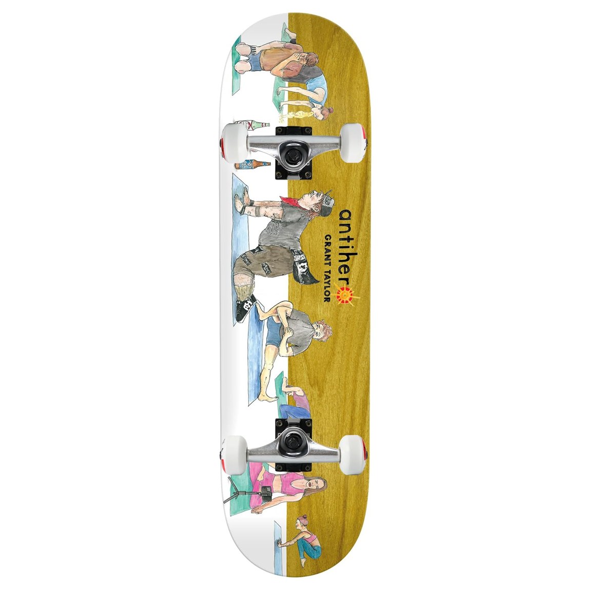 PRODUCT DETAILS Anti Hero Grant Taylor I Farted in Yoga Class スケートボード コンプリート 8.5インチ【商品仕様】・ 種別：スケートボード コンプリート（完成品）・ デッキ幅：8.5インチ（約21.59cm）・ デッキ長さ：31.85インチ（約80.90cm）・ ホイールベース：14.25インチ（約36.20cm）・ 素材：北米産メイプル 7層・ トラック：Coreトラック（アルミ製、グレード8スチール製キングピン）・ ウィール：52mm 99A（TGMロゴウィール）・ ベアリング：Amp ABEC 5・ グリップテープ：Black Diamond・ 構成：ライザーパッド、ハードウェア付属・ 対象：初心者からプロまで【特徴】・ Grant Taylorのシグネチャーモデルに、Mike Gigliottiによるアートワークを施したデッキを採用しています。・ デッキは耐久性に配慮した北米産メイプル材の7枚合板で構成されています。・ ストリート走行からパークでの使用まで幅広く対応する、硬度99Aの52mmウィールを装備しています。・ 専門スタッフによって組み立てられた状態でお届けするため、開封後すぐにご使用いただけます。【ご注意】・ 海外並行輸入品のため、付属の説明書がある場合は英語表記となります。 ■ 商品について 海外輸入品（説明書は英語表記の場合あり） ■ ご注意 ・掲載画像は実物に近い色味になるよう調整しておりますが、ご利用の環境により差異が生じる場合があります。・複数店舗で在庫を共有しているため、ご注文後に在庫切れとなる場合がございます。 ■ 納期について お届けの目安を必ずご確認ください。 海外正規ルート仕入れ品 海外ブランド ▼ 海外正規ブランド店 正規代理店 ▼ 当 店 ※本商品は並行輸入品です 製造元は正規品と同一のブランド・メーカーです。当店では海外正規ルートより仕入れた商品を取り扱っております。流通ルートが異なるのみで、商品自体に違いはございません。 ── 当店の商品について ── 正規品のみ取り扱い 海外正規店・正規代理店から商品を直接仕入れ、国内に輸入して販売しております。 日本未入荷・海外限定モデルも多数 日本未入荷・海外限定モデルも多数取り扱っております。サイズ・カラー違いや海外限定で販売された製品など、日本では手に入りにくいアイテムをお届けいたします。 お求めやすい価格の理由 海外市場での価格差や流通ルートの違いにより、国内販売価格よりお求めやすくなっております。品質はそのままに、よりお手頃な価格でお届けいたします。 安心保証 ご使用前に万が一、製品に不具合がございました場合は、交換または商品代金のご返金にて対応させていただきます。商品到着後5日以内にご連絡ください。 ご注意 海外からの輸入品となります。海外輸送のため、外箱に軽微なスレ等がある場合がございますが、商品本体には影響ございません。 ※在庫状況は仕入先の在庫情報をもとに出来る限り正確に表示しておりますが、取寄せ商品のため、タイミングによりご注文後に欠品・キャンセルとなる場合がございます。 お探しの商品がございましたら、お気軽にご相談ください。