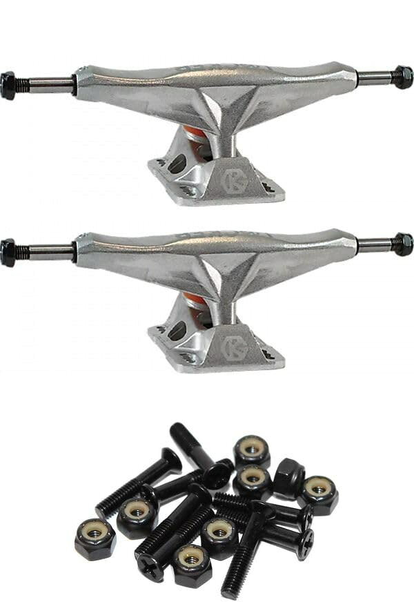PRODUCT DETAILS Grind King Truck Co. Locker スケートボード トラック Raw Silver 6.75" Hanger 9.5" Axle ビス付き 2個セット【商品仕様】・ 種別：スケートボード用トラック・ ブランド：Grind King Truck Co.・ モデル：Locker・ ハンガー幅：6.75インチ（約17.15cm）・ アクスル幅：9.5インチ（約24.13cm）・ カラー：Raw Silver・ 付属品：1インチ ビス・ナット（Raven Black）・ 数量：トラック2個、ハードウェア1セット（前後1台分）【特徴】・ グラインド時のキングピンの干渉を抑える独自設計のLockerシリーズです。・ 多様なライディングスタイルに対応する汎用性の高いトラックです。・ スムーズなターンと安定した走行性能を提供します。・ 取り付けに必要な1インチのハードウェア（ボルト・ナット）が付属したセット商品です。【ご注意】・ 海外並行輸入品のため、付属の説明書がある場合は英語表記となります。 ■ 商品について 海外輸入品（説明書は英語表記の場合あり） ■ ご注意 ・掲載画像は実物に近い色味になるよう調整しておりますが、ご利用の環境により差異が生じる場合があります。・複数店舗で在庫を共有しているため、ご注文後に在庫切れとなる場合がございます。 ■ 納期について お届けの目安を必ずご確認ください。 海外正規ルート仕入れ品 海外ブランド ▼ 海外正規ブランド店 正規代理店 ▼ 当 店 ※本商品は並行輸入品です 製造元は正規品と同一のブランド・メーカーです。当店では海外正規ルートより仕入れた商品を取り扱っております。流通ルートが異なるのみで、商品自体に違いはございません。 ── 当店の商品について ── 正規品のみ取り扱い 海外正規店・正規代理店から商品を直接仕入れ、国内に輸入して販売しております。 日本未入荷・海外限定モデルも多数 日本未入荷・海外限定モデルも多数取り扱っております。サイズ・カラー違いや海外限定で販売された製品など、日本では手に入りにくいアイテムをお届けいたします。 お求めやすい価格の理由 海外市場での価格差や流通ルートの違いにより、国内販売価格よりお求めやすくなっております。品質はそのままに、よりお手頃な価格でお届けいたします。 安心保証 ご使用前に万が一、製品に不具合がございました場合は、交換または商品代金のご返金にて対応させていただきます。商品到着後5日以内にご連絡ください。 ご注意 海外からの輸入品となります。海外輸送のため、外箱に軽微なスレ等がある場合がございますが、商品本体には影響ございません。 ※在庫状況は仕入先の在庫情報をもとに出来る限り正確に表示しておりますが、取寄せ商品のため、タイミングによりご注文後に欠品・キャンセルとなる場合がございます。 お探しの商品がございましたら、お気軽にご相談ください。